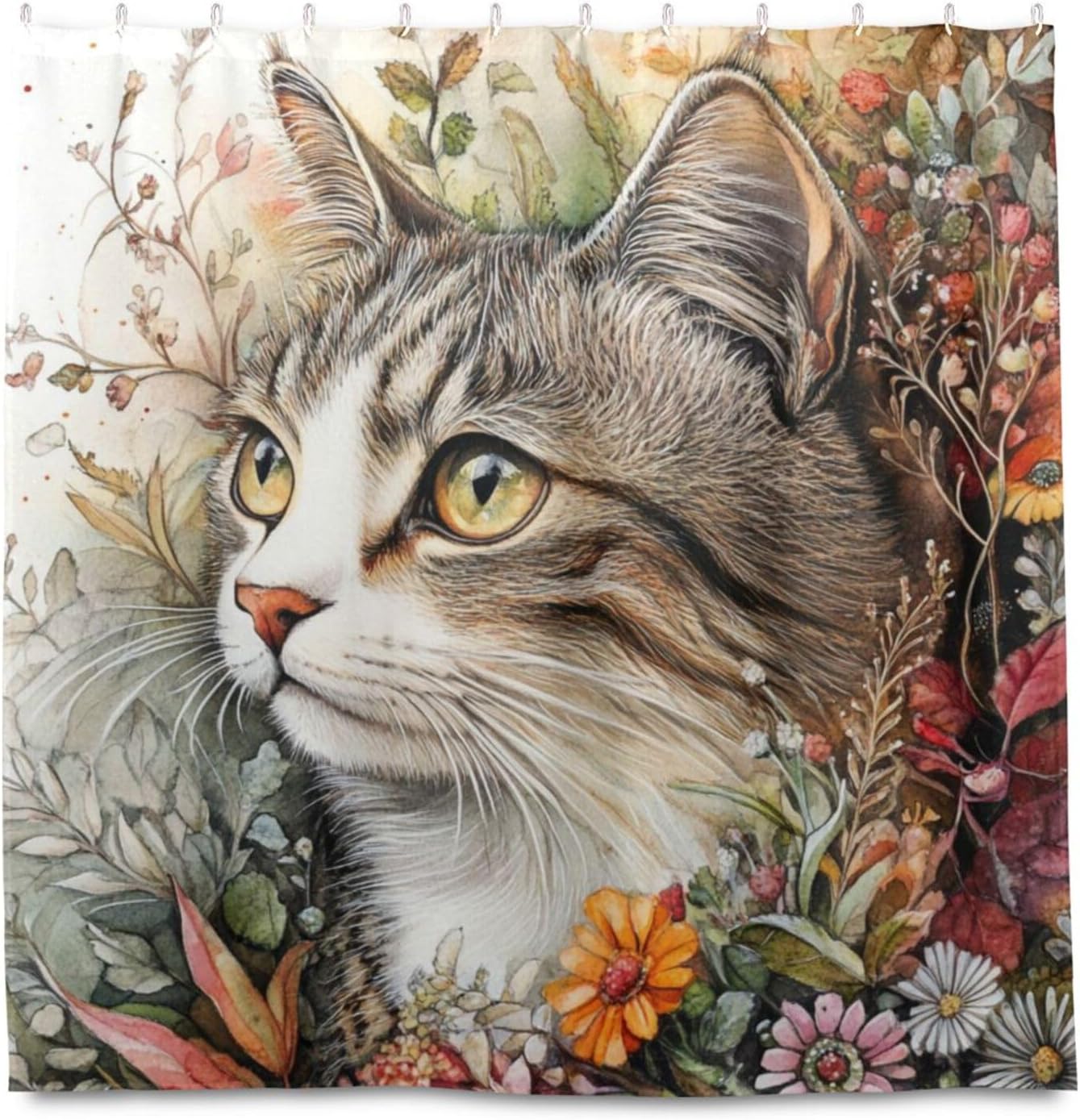 72x72 Inch Shower Water Proof Shower Curtain Decorative with Stuff Machine Washable Chic Curtain Liner for Master Bathroom Art Watercolor Painting Cat Flower