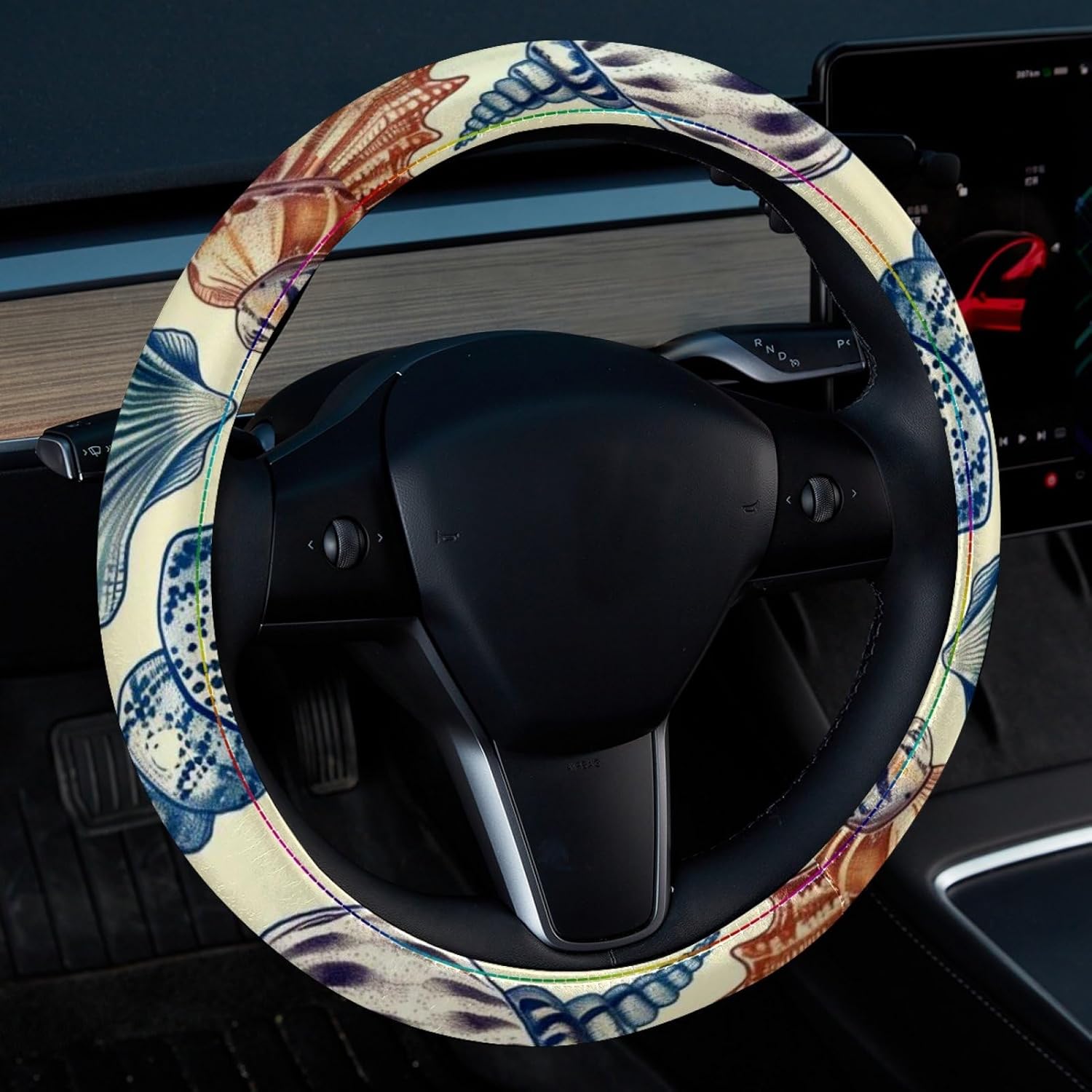 Leather Steering Wheel Cover for Women, with Seashell Printing Universal Fit 14.5-15 inch Anti-Slip Car Steering Wheel Protector Car Interior Accessories for Vehicle SUV Trucks