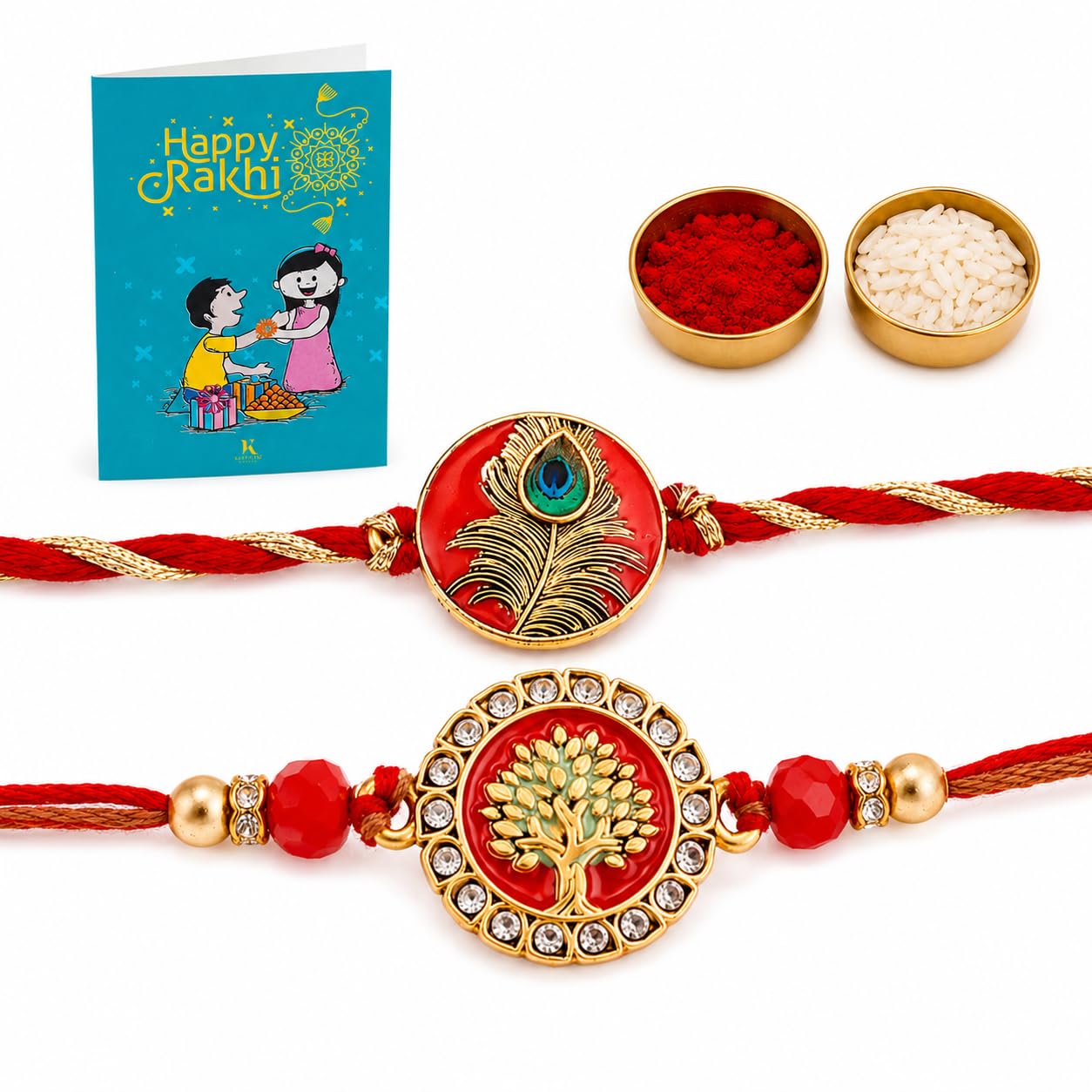 kaameri bazaar Meenakari Tree of Life and Peacock Rakhi Set of 2 for Brother | Traditional Designer Rakhri with Roli Chawal and Greeting Card | Raksha Bandhan Rakhi for Bhai-picture-31