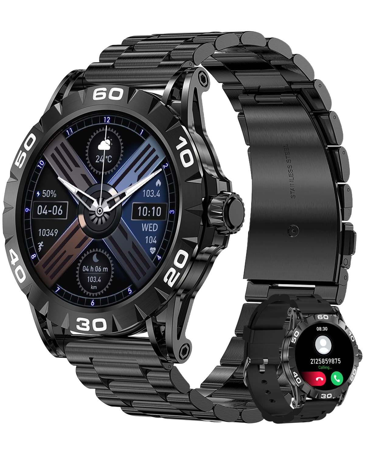 Montre Connectée Homme Appel Bluetooth Assistants Vocal 1.39" Smartwatch Intelligente Podomètre Calories Calculatrice 2 Bracelets Montre Sport Fréquence Cardiaque Sommeil SpO2 pour Android iOS