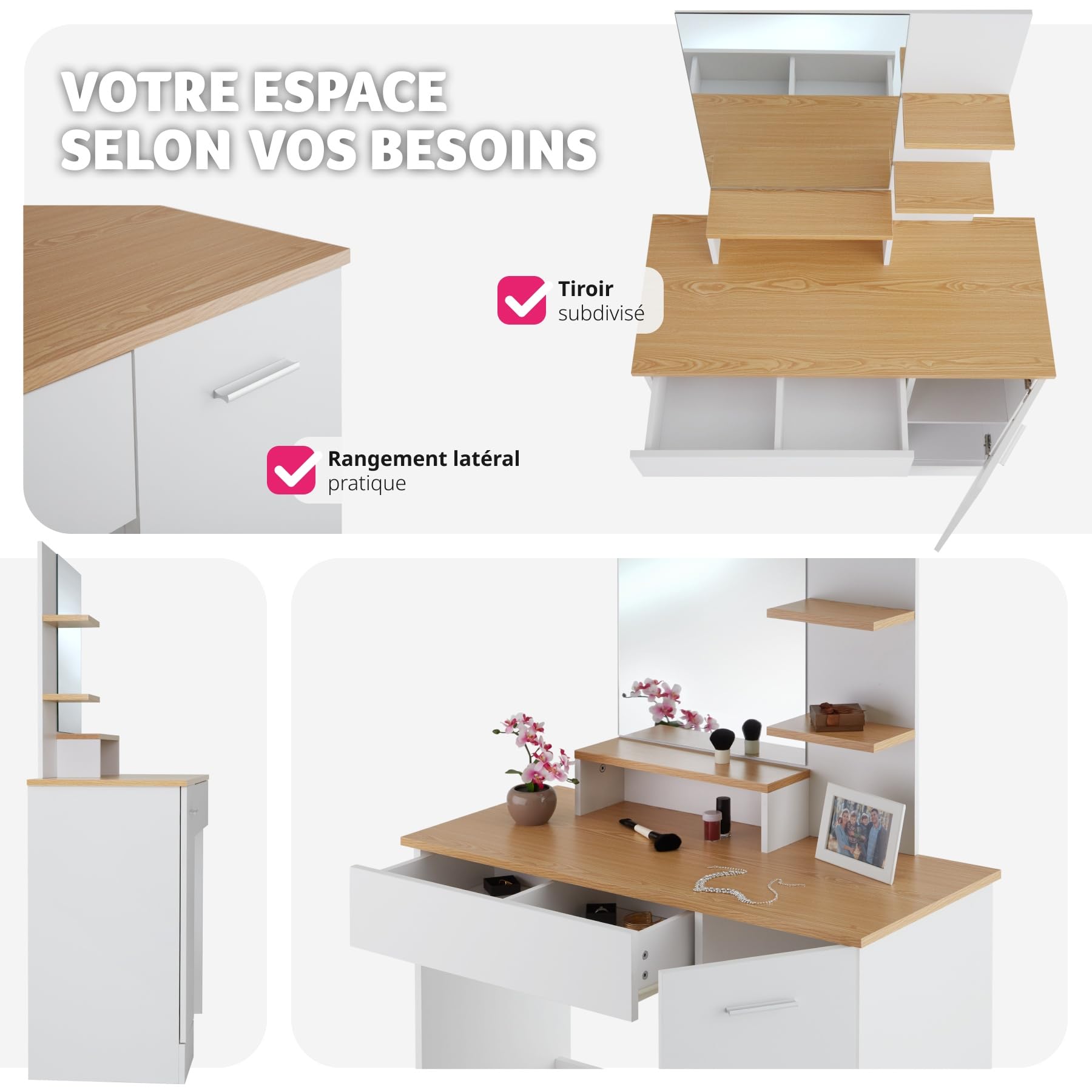 tectake® Coiffeuse avec Miroir Table de Maquillage Vanity Desk Moderne avec 3 étagères 1 tiroir, 1 Compartiment à Porte Rangement Maquillage Meuble Coiffeuse Adulte Femme Blanc/Hêtre