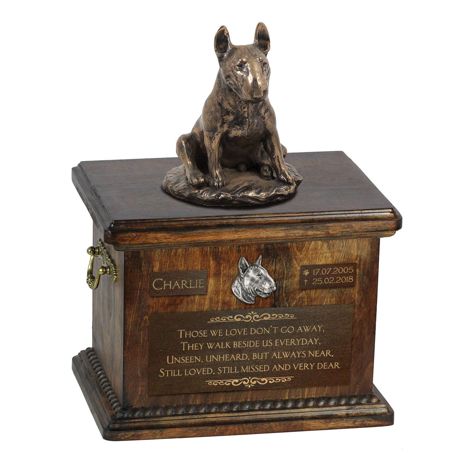 Urne cinéraire chien Bull Terrier IX statue bronze et bouleau 5L