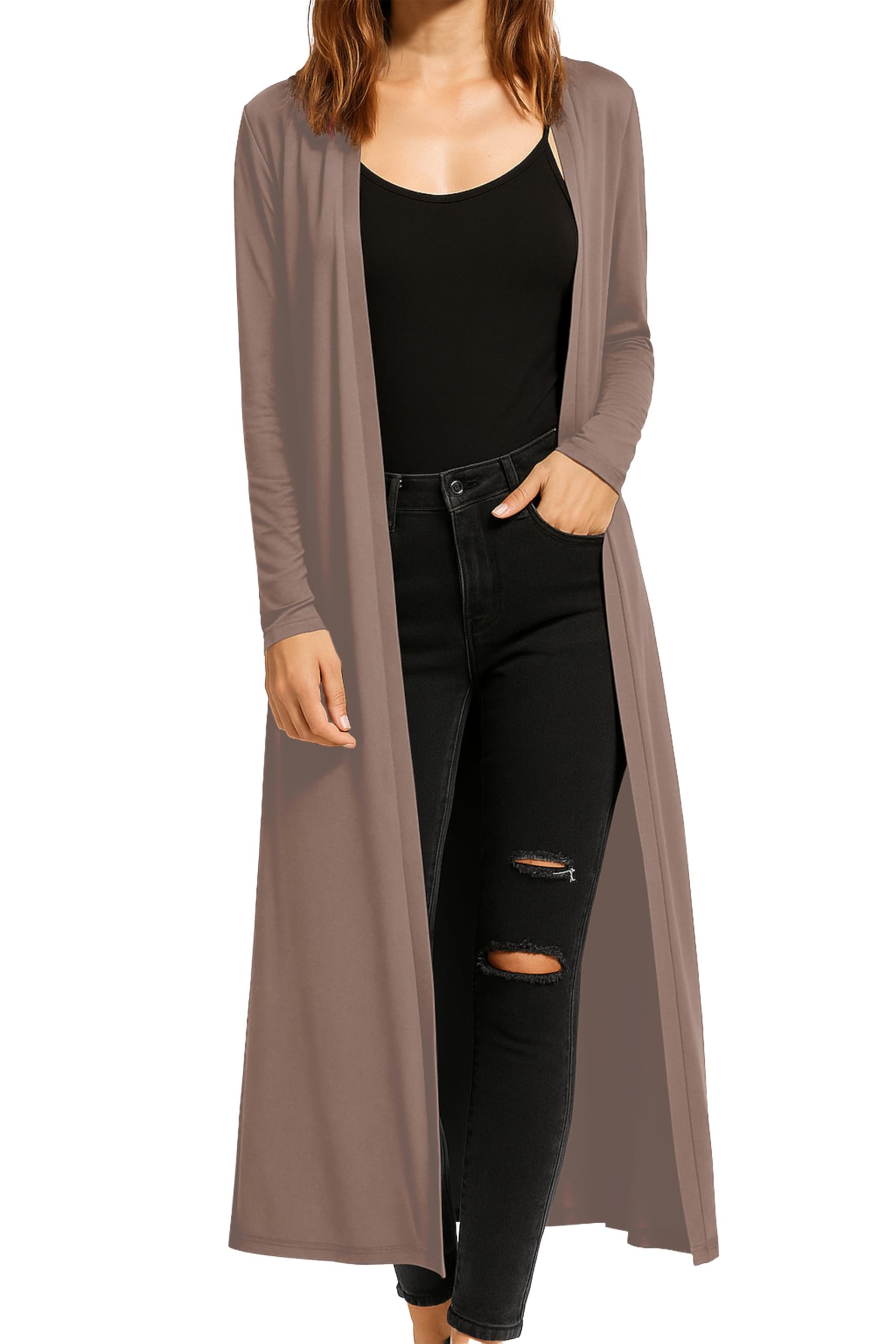 Re Tech UK Ladies Womens Maxi Plus Size Long Cardigans for Women UK Collared Top Long Full Sleeve Floaty Women's Cardigans Coatigans Sizes 8-26 (Mocha - XXXL)