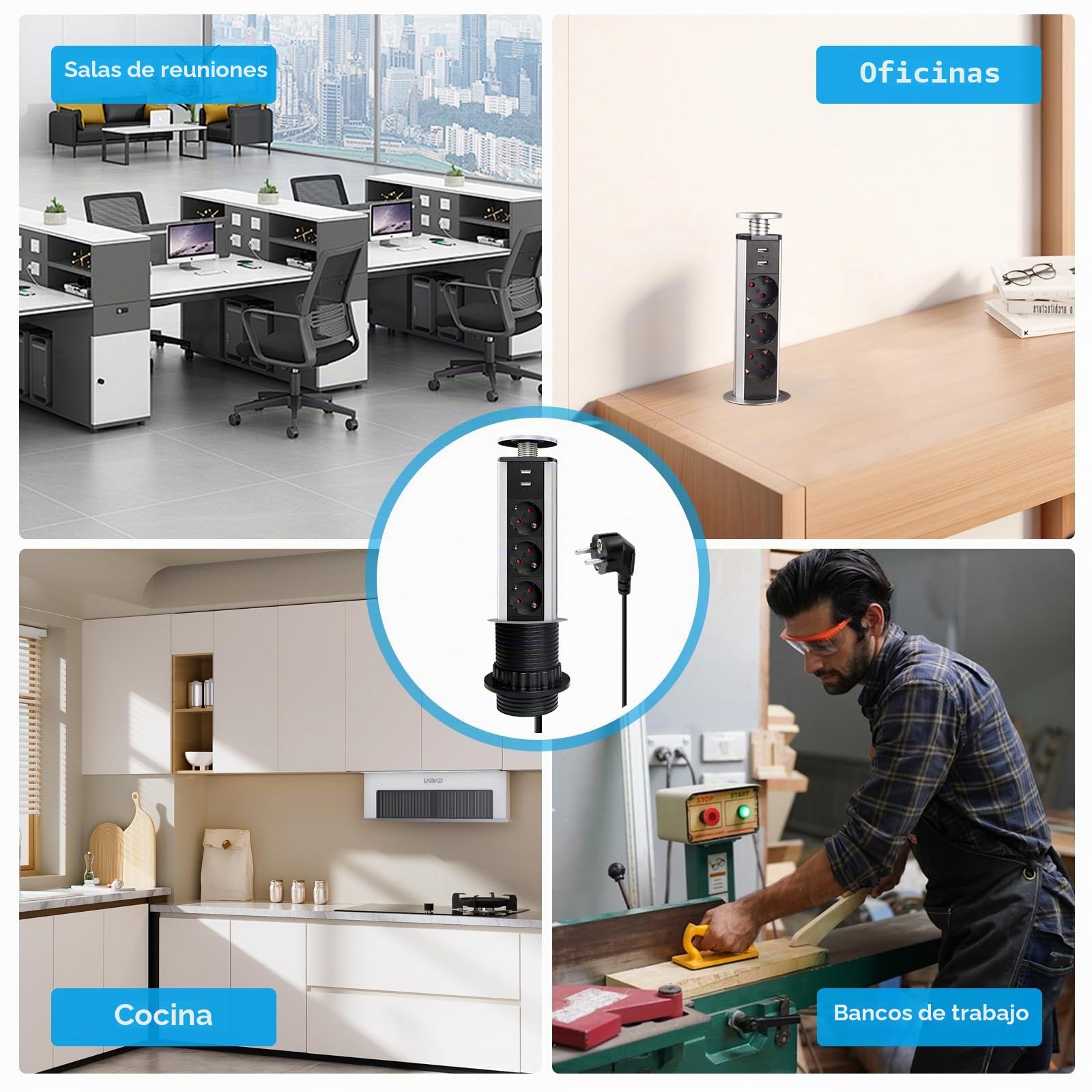 Regleta de mesa retráctil con 2 puertos USB, 3 enchufes retráctiles, 60 mm, con cable de 2 m, regleta empotrable, para encimera, oficina, cocina