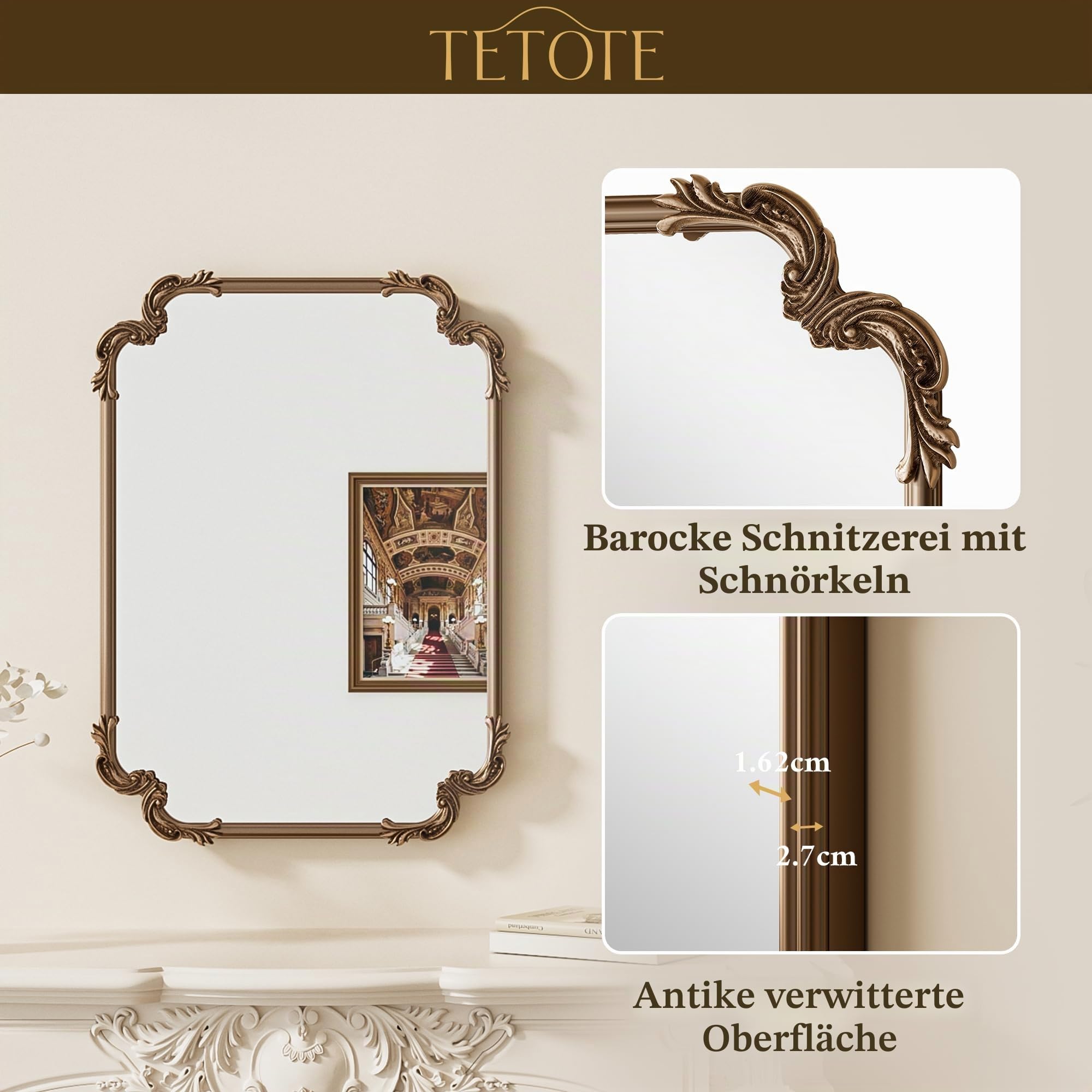 TETOTE Gold Vintage Spiegel - 60x90cm Goldener Vintage Wandspiegel - Barock Spiegel mit Gold Rahmen & Gehärtetem Sicherheitsglas - Horizontal & Vertikal Montage für Flur Bad Wohnzimmer
