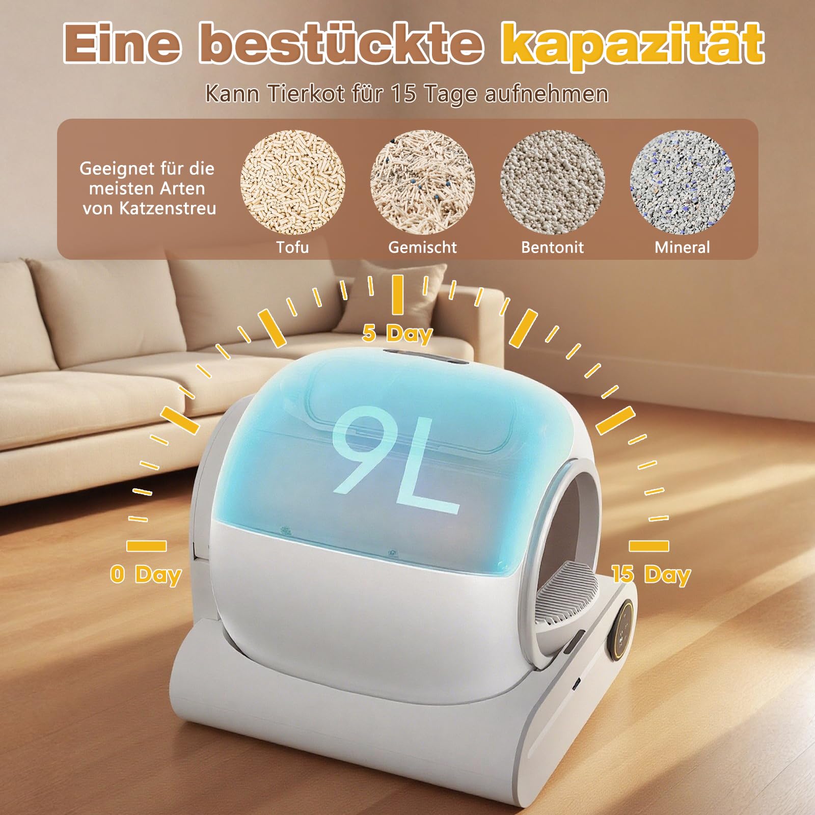 Katzenklo Selbstreinigend 65l Elektrische Automatische Katzentoilette,Automatischer Katzenstreu-Roboter Mit Extra GroßEm FassungsvermöGen/Ebenem Fach 9l/App Control/Ionic Deodorizer FüR Mehrere Katzen