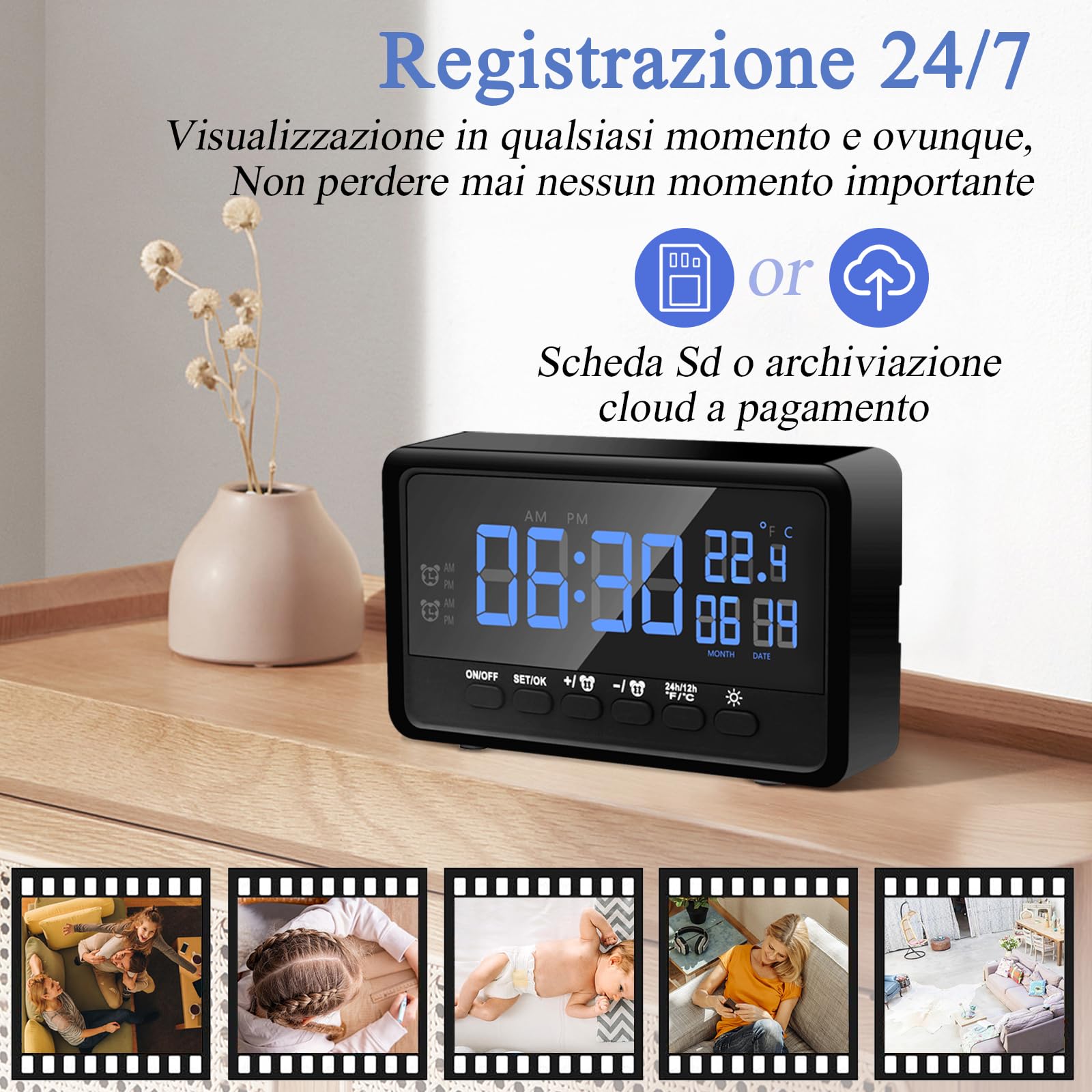 Orologio WiFi Telecamera Nascosta HD 1080P Spia Nascosta con Funzione Sveglia, Mini Telecamera Spia Wifi 2.4 / 5Ghz supporto Visione Notturna e Rilevamento Movimento, Sorveglianza Remota