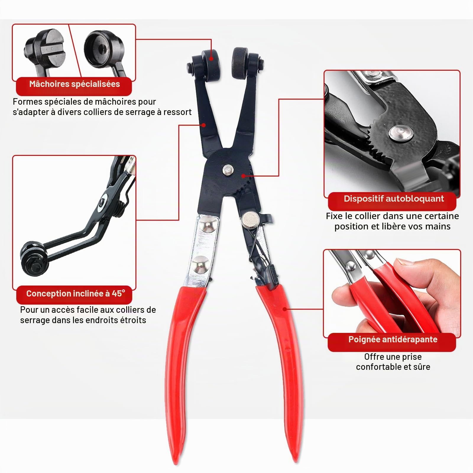 FreeTec 15 pièces Kit Pince a Collier de Durite, 9 Pince Collier à Ressort et 6 Pinces Blocage Tuyau, Pinces Verrouillable pour Démonter Colliers de Serrage Auto (Rouge)