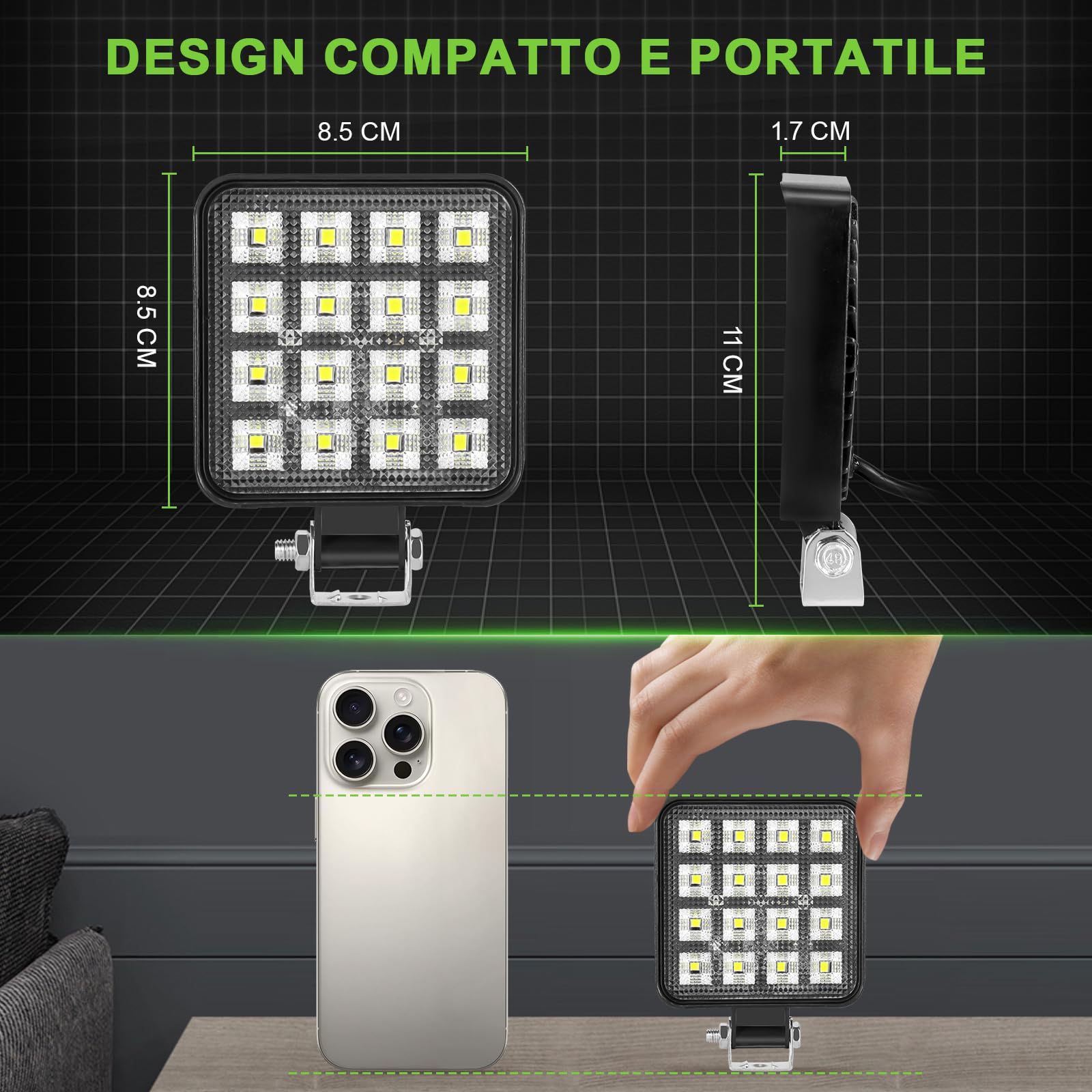2PCS Faro di Inondazione da Lavoro Led, 48W Mini Sottile LED Fuoristrada a Fascio Largo Impermeabile IP65 Faretti LED per Camion Macchine Agricole Escavatori Rimorchi Furgoni