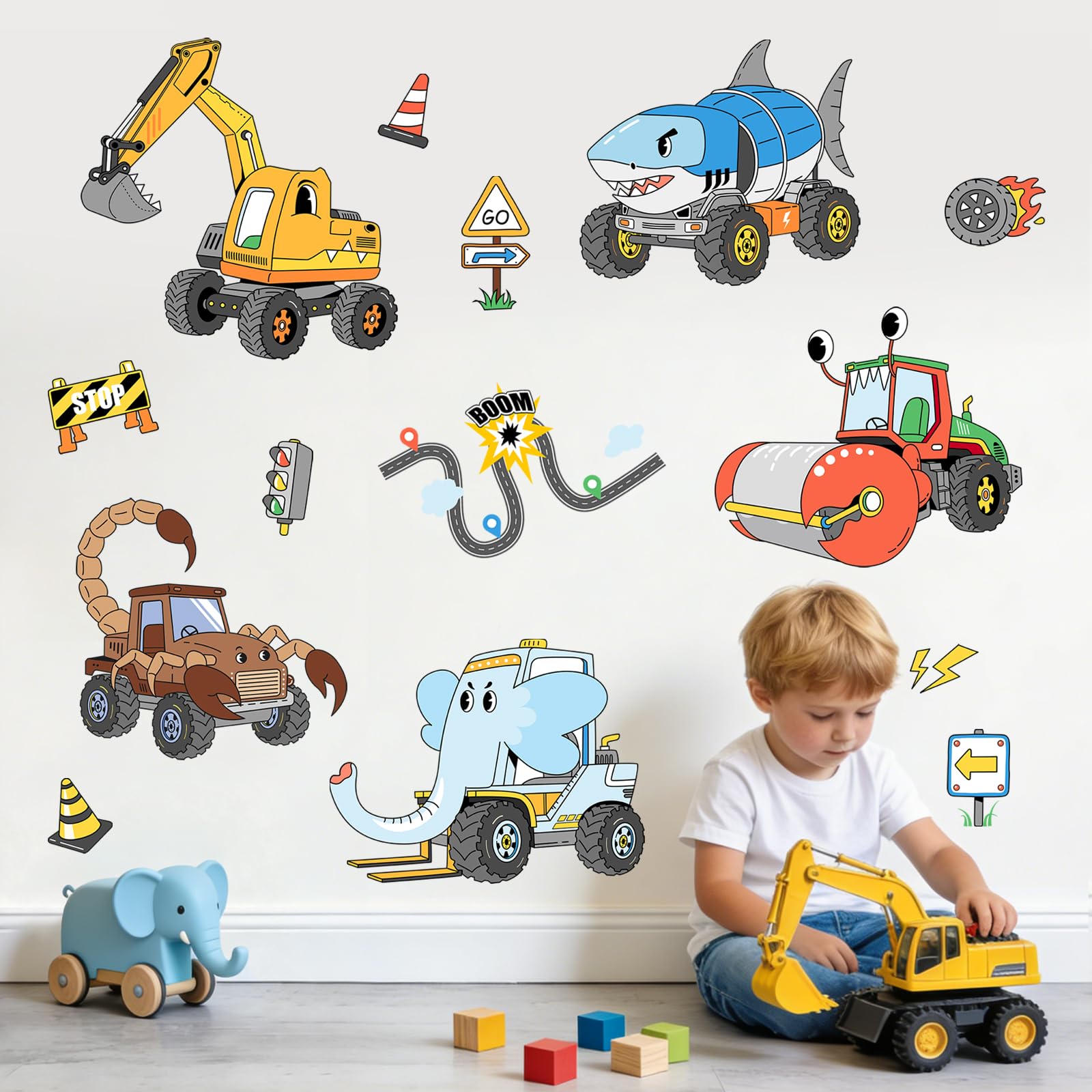 Supzone Trucks Digger Car Wall Stickers Creative Under the Sea Construction Vehicles Wall Decals Shark Elephant Animal Wall Decor for Boys Kids Nursery Bedroom Playroom Classroom — image 1