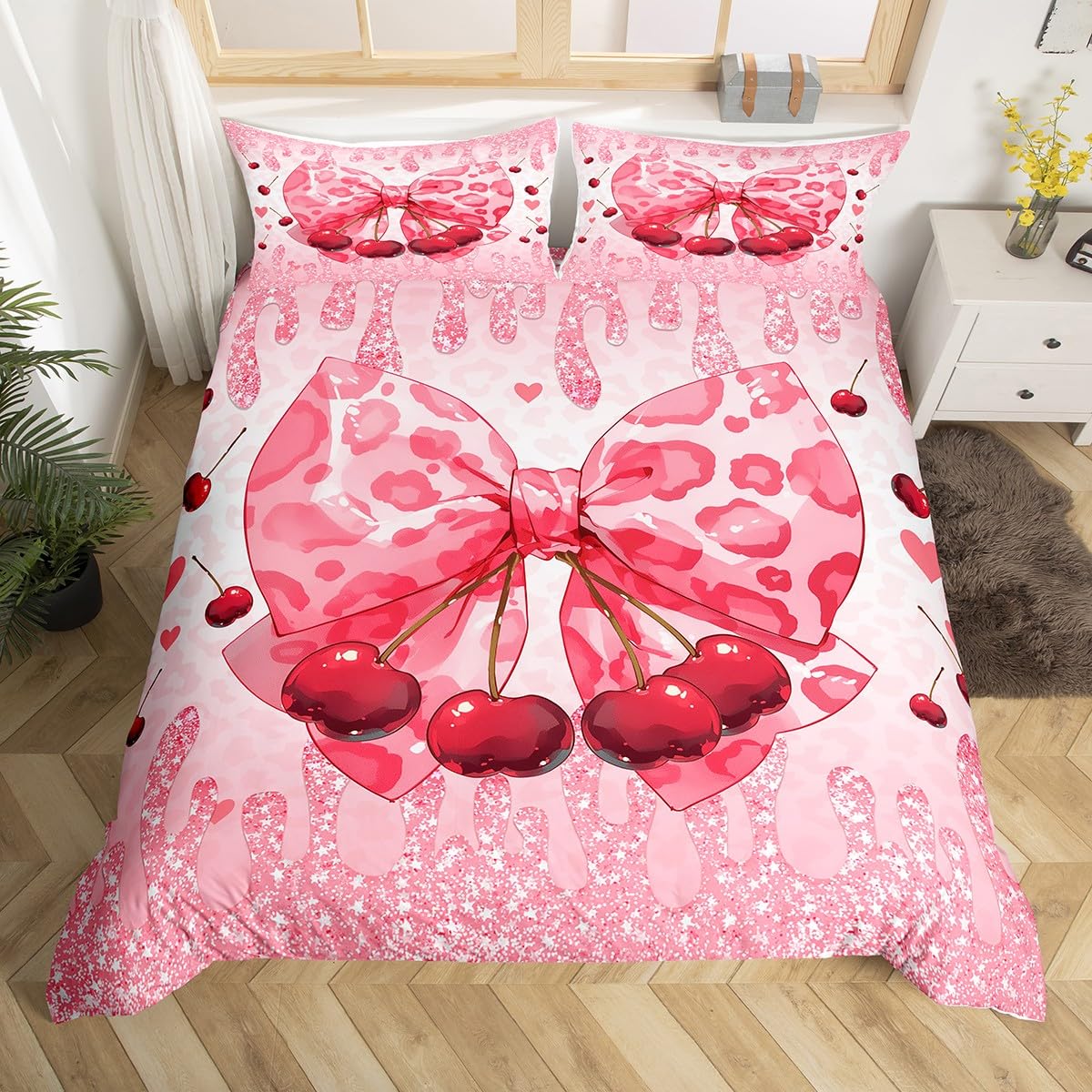 Manfei Cherry Duvet Cover Toddler Size for Kids Boys Teens,Girly Leopard Bowknot 2 Pieces Duvet Cover,Luxury Glitter Print Soft Comforter Cover (Not Comforter),Dreamy Girly Princess Quilt Cover