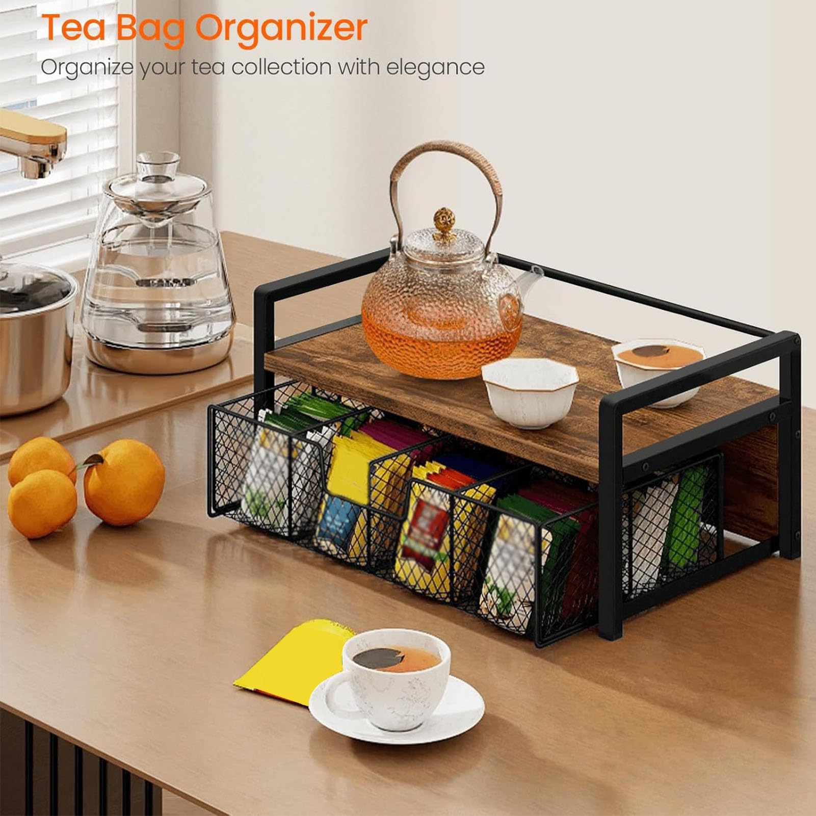 Cryfokt Teebeutel-Organizer, 8 Fächer, Mattschwarzer Rahmen, Vintage-Teebeutelhalter mit Holzmaserung, Teebeutel-Aufbewahrungsschublade mit Oberer Ablage für Arbeitsplatte, Küche, Büro, Kaffeebar