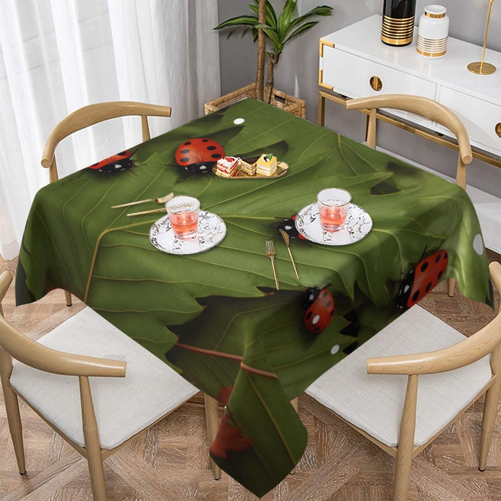 WPKJU Leaves and Ladybugs Printed Square Tablecloth 60x60 inch Water Resistant Table Cover Washable Rectangle Table Cloth for Dining Tables