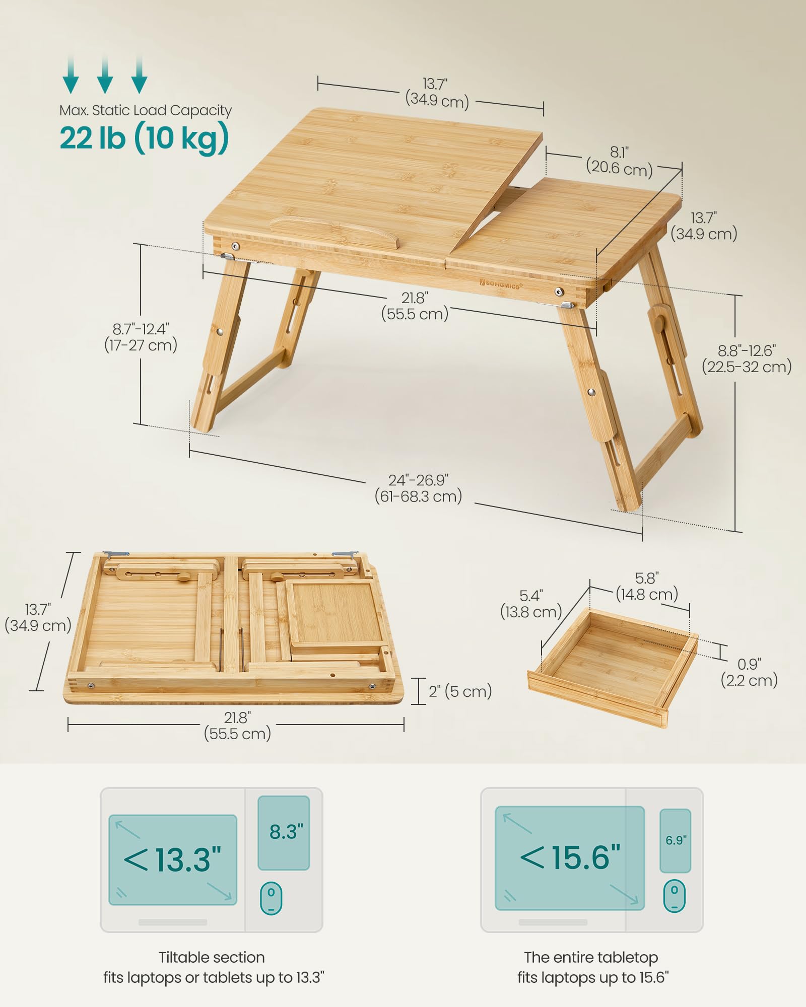Songmics bambú ajustable regazo escritorio plegable Desayuno Servir Bandeja de cama inclinable cajón superior ulld01 N