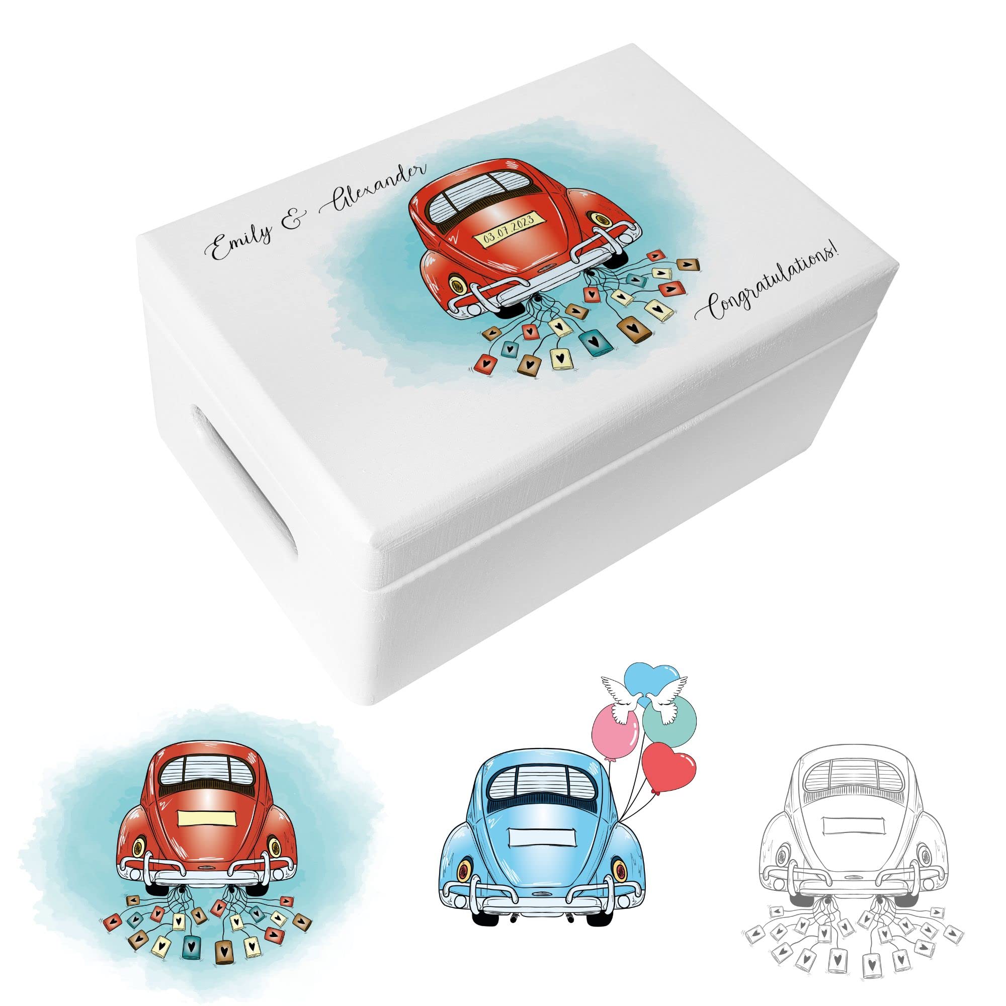 Creative Deco Personalised Wedding Gift | Any Text Gifts for Bride and Groom - Wedding Car | Unique Wish Custom Gift Box also for Anniversaries | White Customised Wooden Storage Box | Decoration