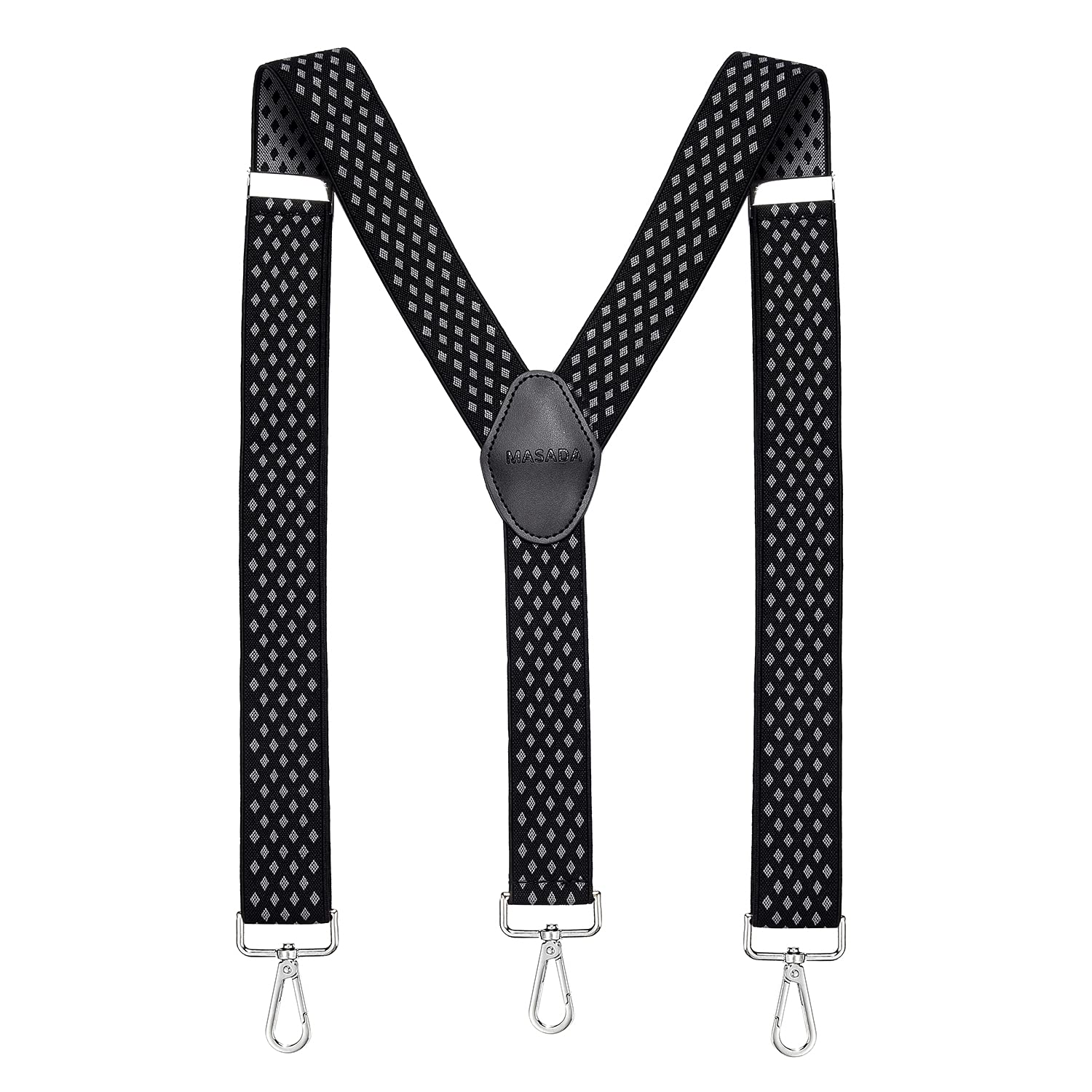 MASADA Herren Hosenträger mit robusten Karabiner Verschluss stufenlos verstellbar 3,5 cm breit und bis zu 195 cm Körpergröße - Rauten-Schwarz Grau