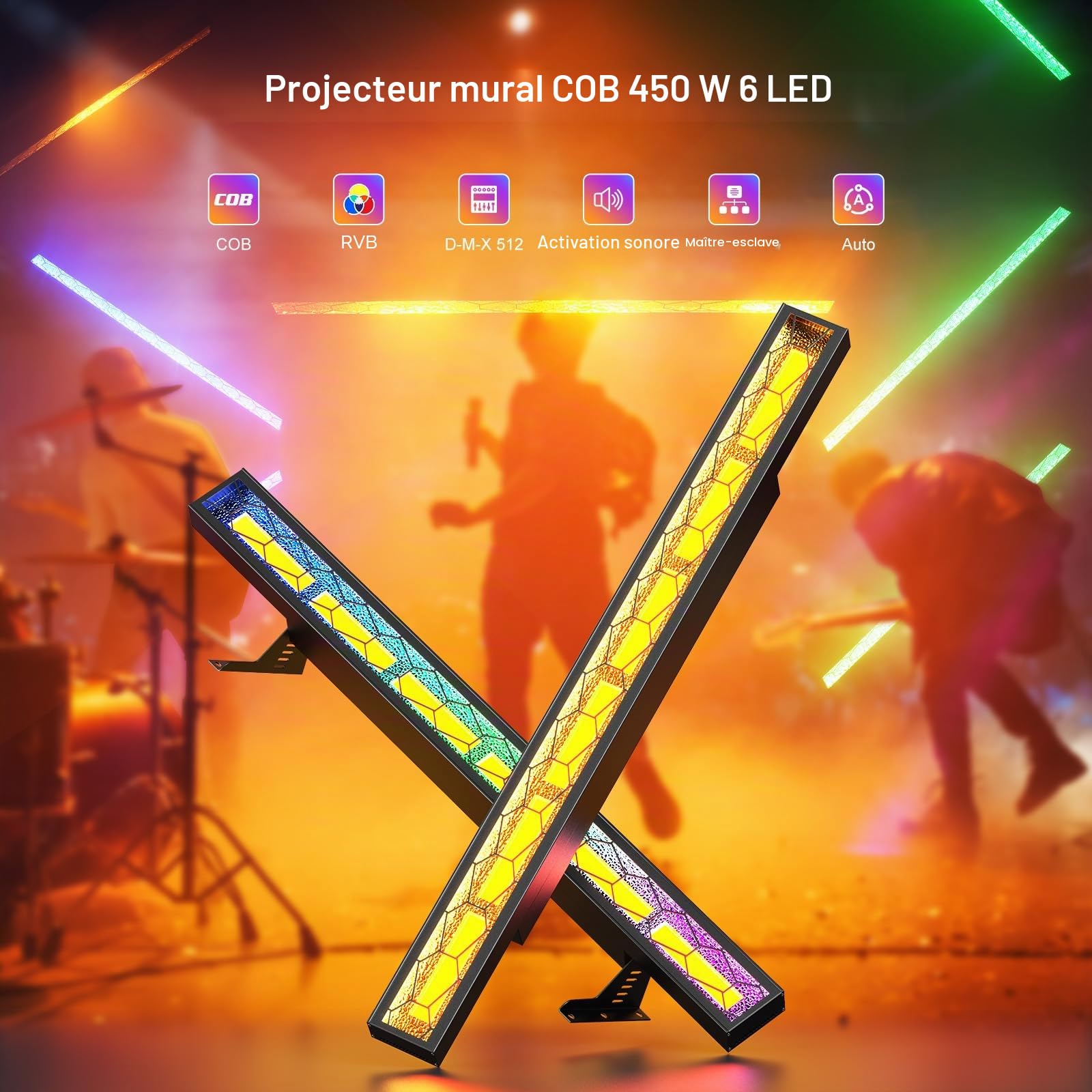 450W LED RGBW Projecteur 6 COB RGB Exterieur Lumière de Scène Stroboscope avec DMX contrôle Barre Wallwasher pour Fête Patio Jardin plein air