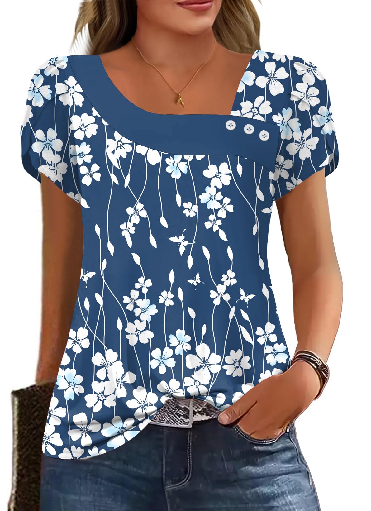 Womens Petal Sleeve Tops Summer Trendy T Shirt Casual Loose Square Neck Button Blouse Tees