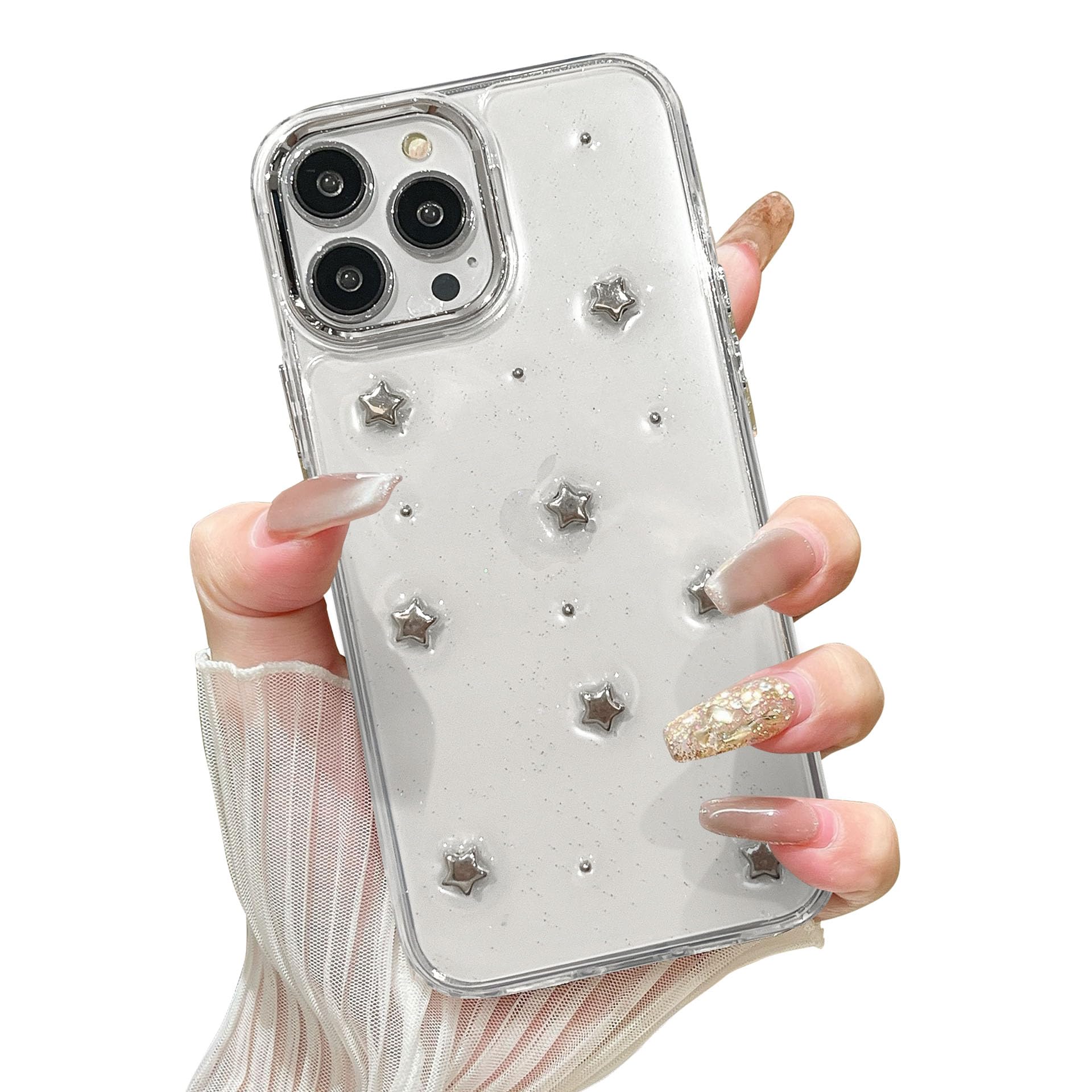 EYZUTAK Case for iPhone 12 Pro Max, Bling Glitter 3D Stars Phone Case Cute Sparkly Crystal Clear Star Aesthetic Design Case Slim Soft Durable TPU