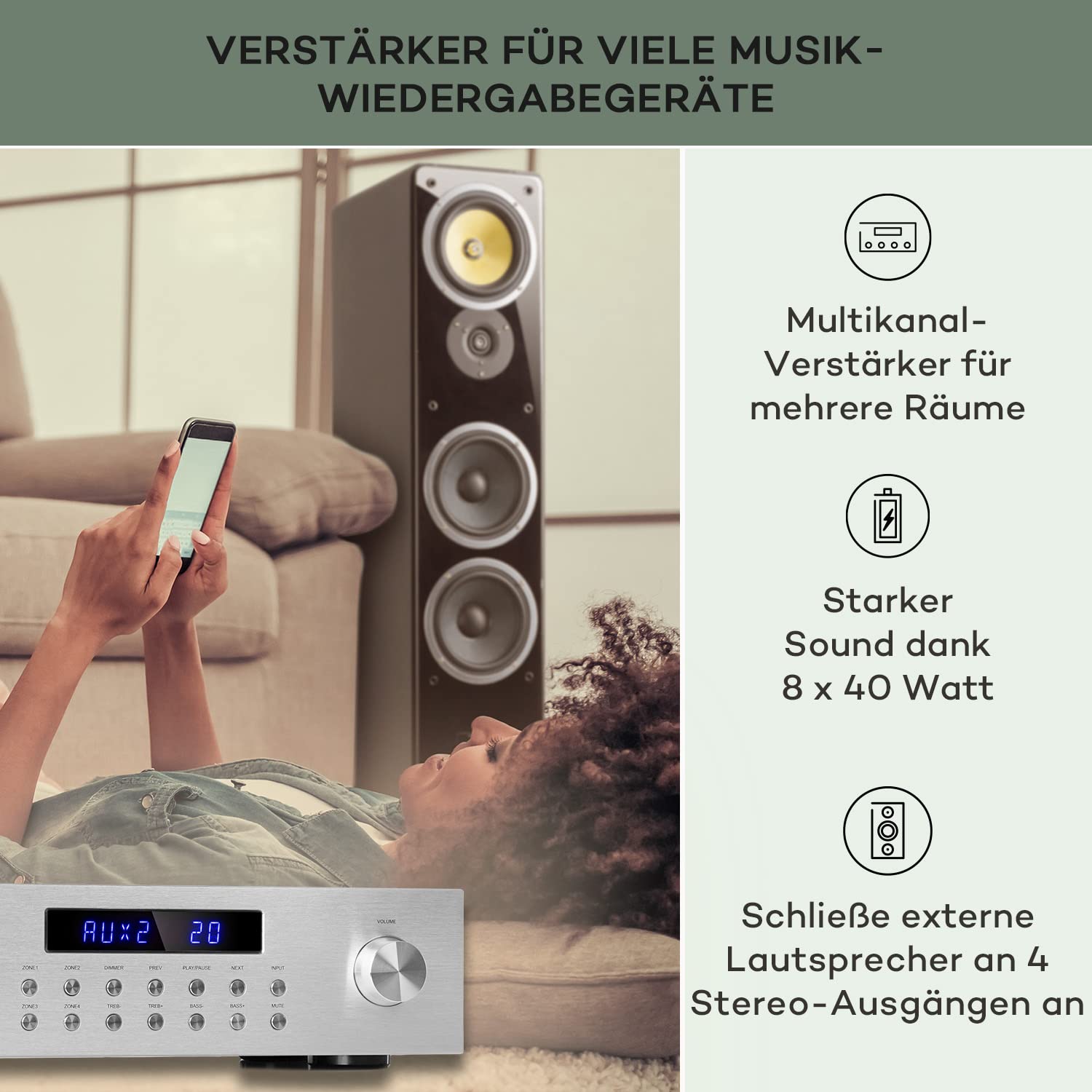 Auna HiFi Stereo Mini Verstärker 4 Kanal Audio-Verstärker mit Bass & Treble Regler Fernbedienung AUX