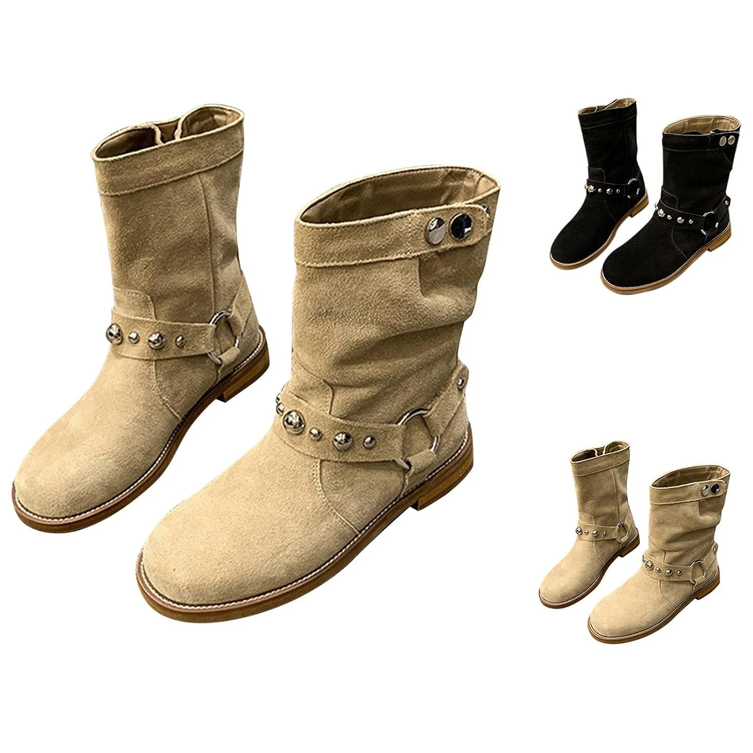 Womens Mid-Calf Boots Slouchy Suede Moto Boots for Women Womens Motorcycle Booties Low Heel Fall Winter Round Toe