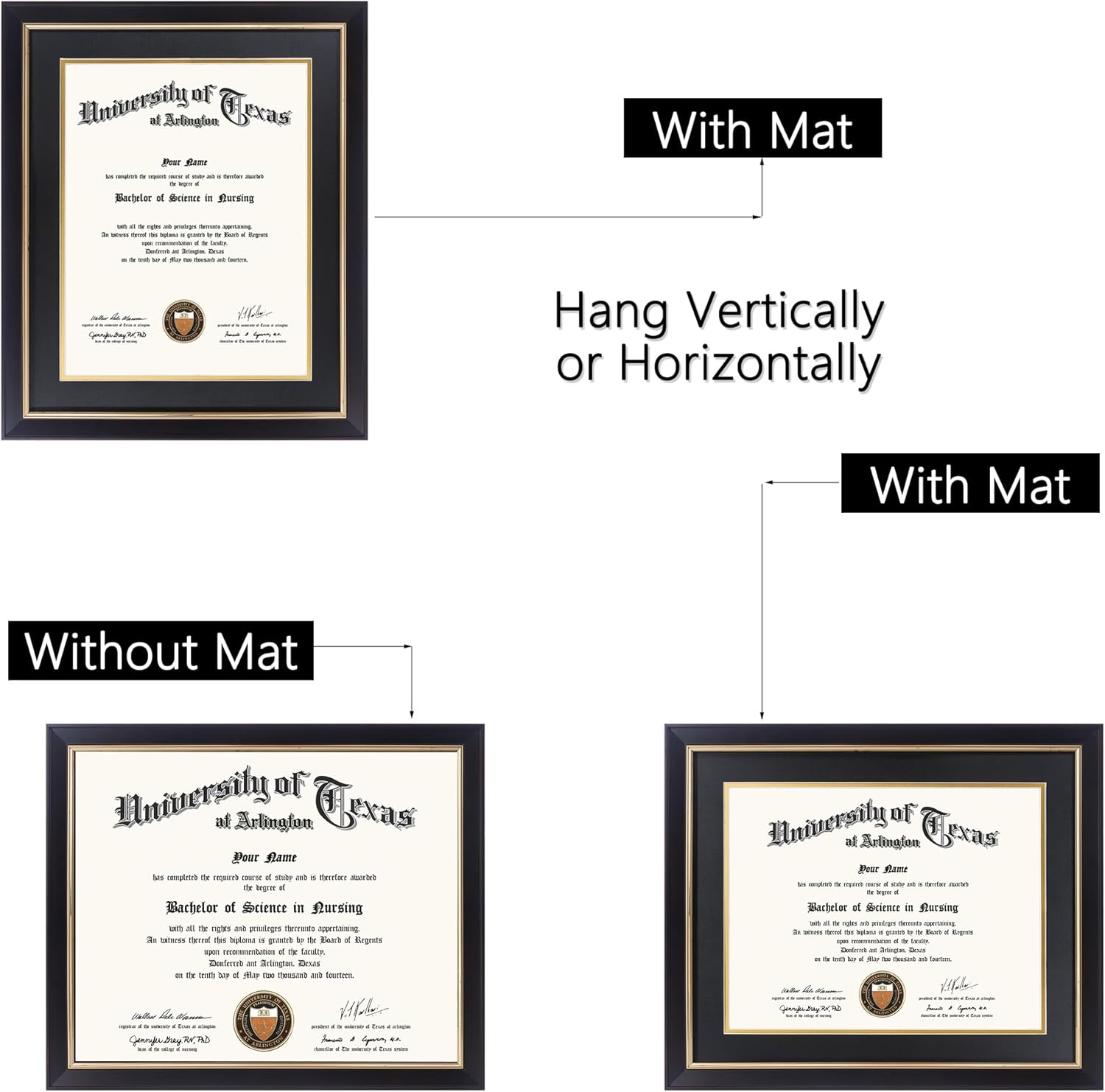 GMFrames 11x14 Wood Diploma Frame with Black Mat or Display 14x17 Certificates without Mat,UV Protection Acrylic,Rustic Black Finish with Gold Trim