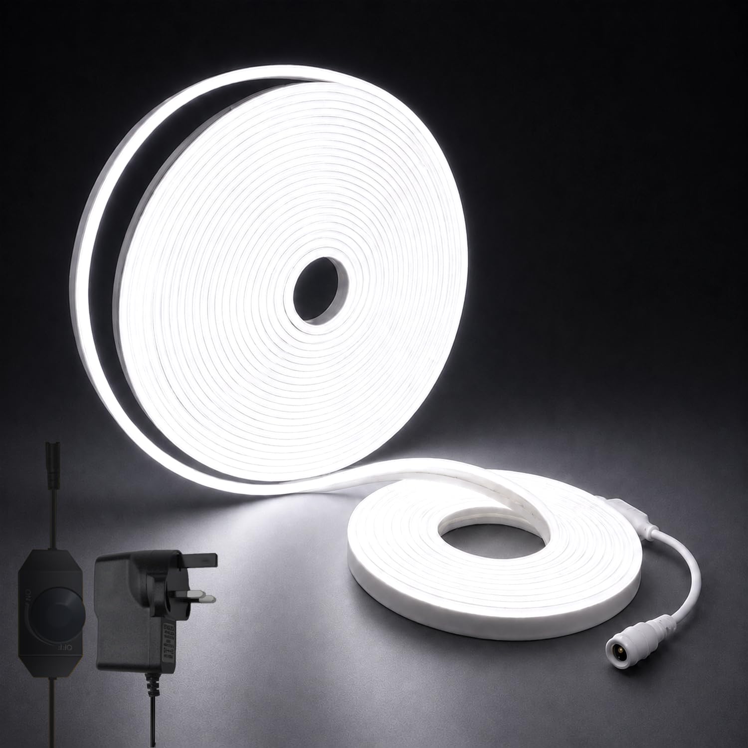 MMEEVT Neon Rope Lights, 15M White 6000K Dimmable LED Rope Lights, Cuttable Waterproof Flexible DIY LED Strip Lights for Bedroom, Indoor, Outdoor Decoration (Power Adapter Included)