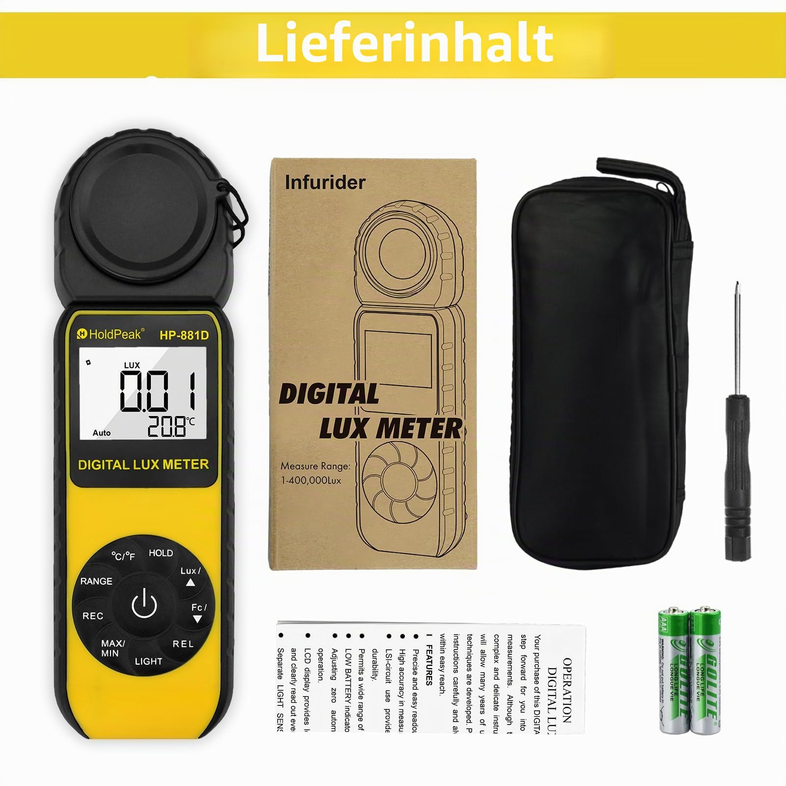Digitales Lichtmessgerät HoldPeak 881D 0,01~400,000 Lux, Lux Messgerät 270°Drehbare Sonde mit Datenspeicherung, Lux Lichtmessgerät für Pflanzen/LED-Licht/Digitale Fotografie