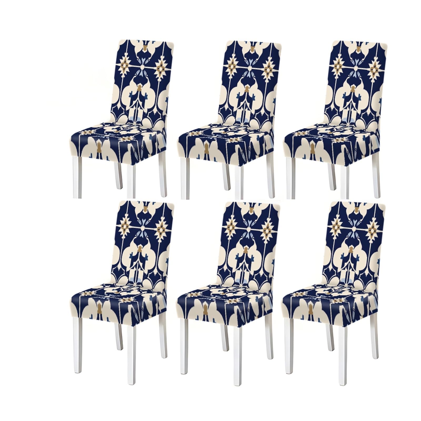 BOSUYBN Navy Blue Moroccan Tile Pattern Print Dining Chair Covers Set Of 2/4/6, Stretch Slipcovers For Kitchen Dining Room Furniture Protectors for Home Dining Room(6PCSChair cover)