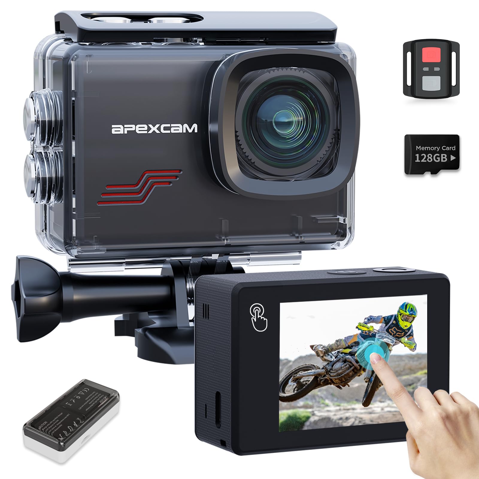 Apexcam Nuova M80PRO Action Cam 4K 64MP EIS Touch Screen Con 128GB Scheda Fotocamera Sportiva Impermeabile Fotocamera Subacquea 40M 8X Zoom e 2 * 1350 Batterie Kit Accessori