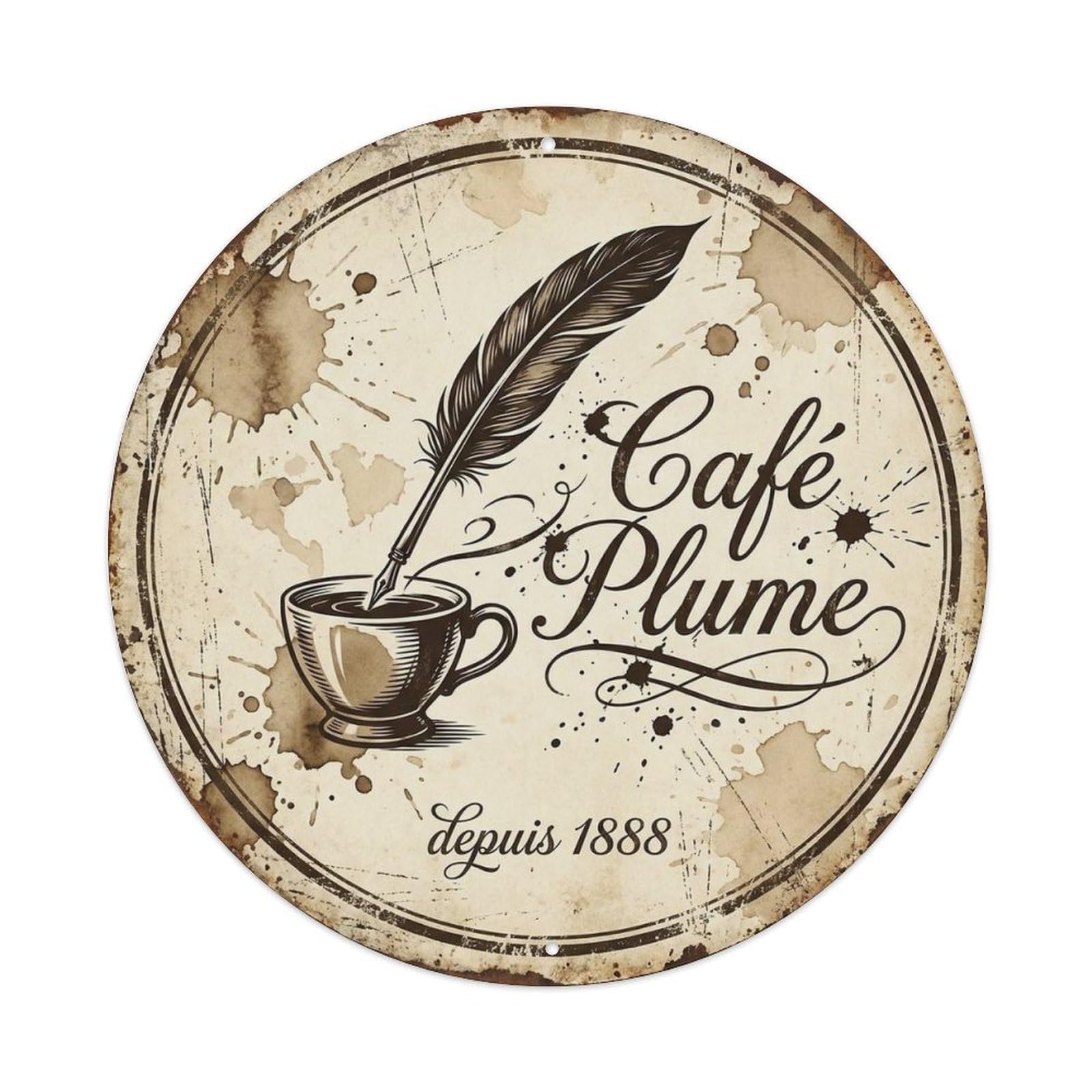 Feather Coffee Quill Shop Cafe Moka Pot Espresso Bistro Metal Tin Sign Plaque Wall Decor for Cafe, Man Cave, Club Bar, Office, Home Garden Round Metal Poster 8x8Inch