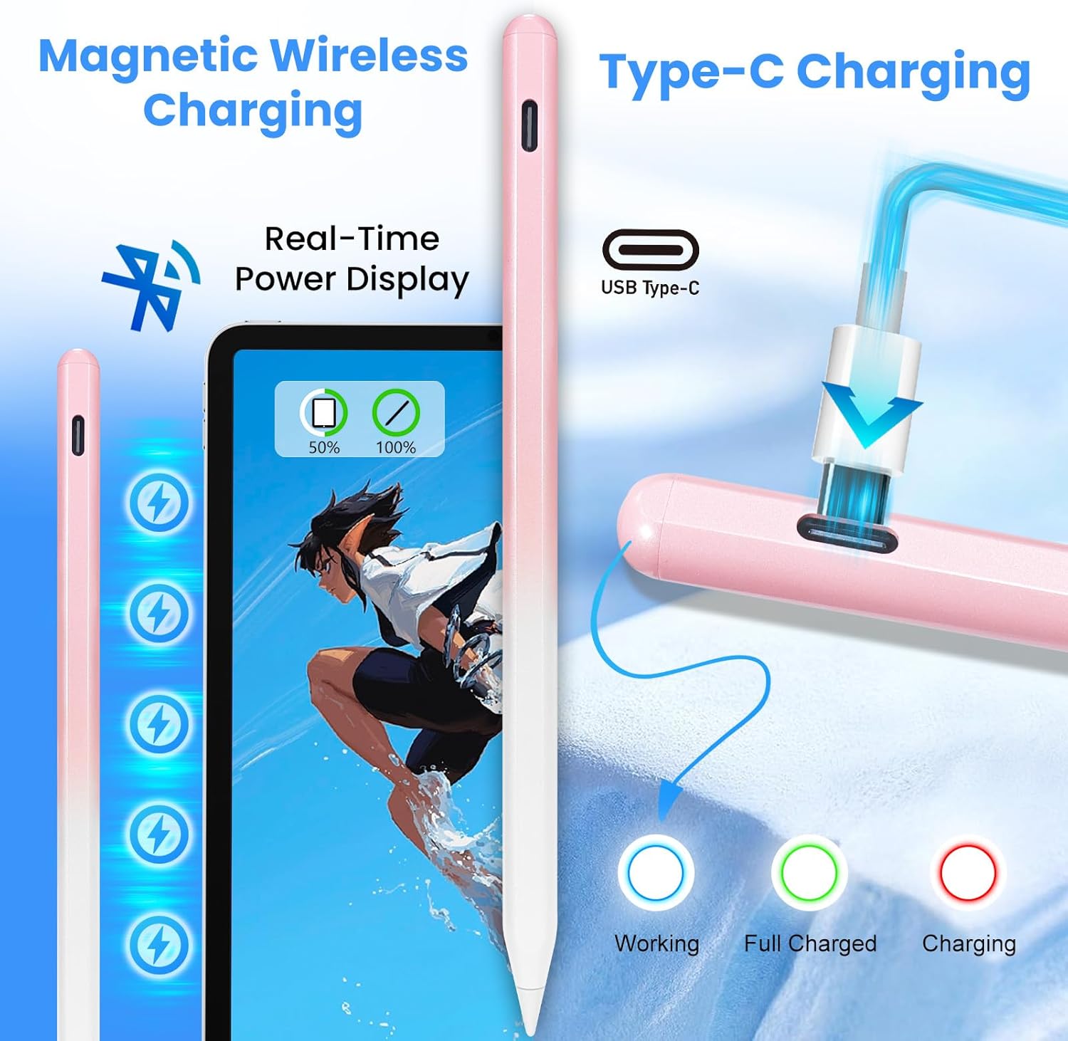 Pencil for Apple iPad Pencil 2nd Generation with Magnetic Wireless Charging, 2nd gen Stylus Pen for iPad 6th-A16 11th/ Mini/Air/Pro, Palm Rejection, Tilt Sensitivity, Gradient Pink