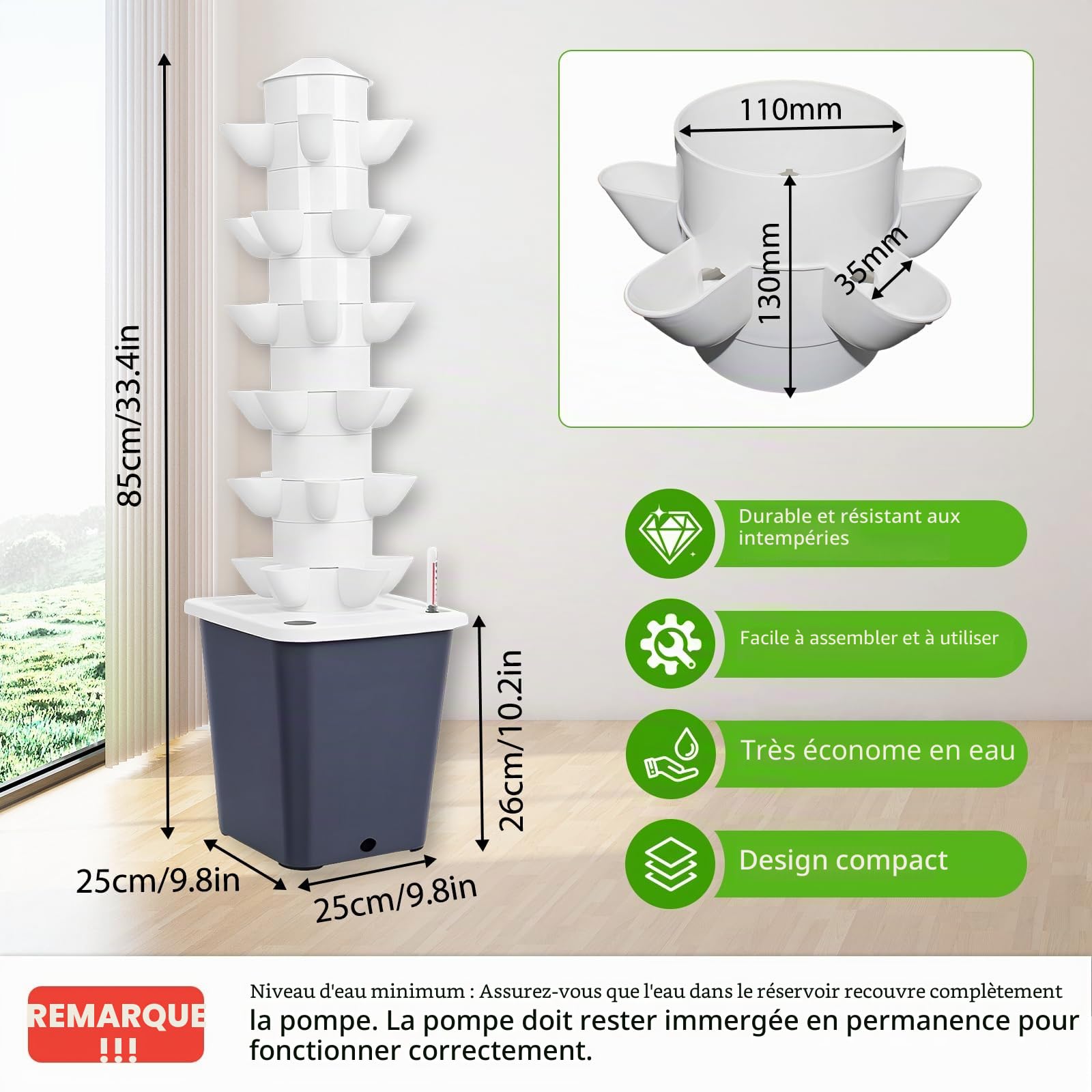 Système de culture hydroponique LIROPAU - Tour de jardin hydroponique 30 bacs pour herbes, fruits et légumes d’intérieur, kit de culture aéroponique avec pompe hydratante et réservoir d’eau mobile
