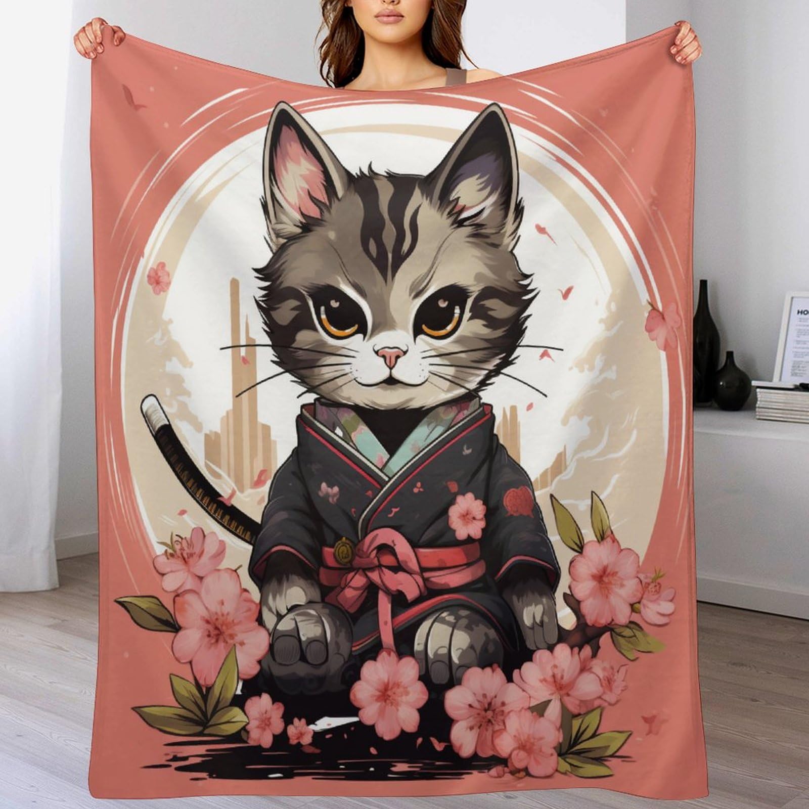 Couverture chat samouraï chaude douce lavable en machine pour lit et canapé 130x150