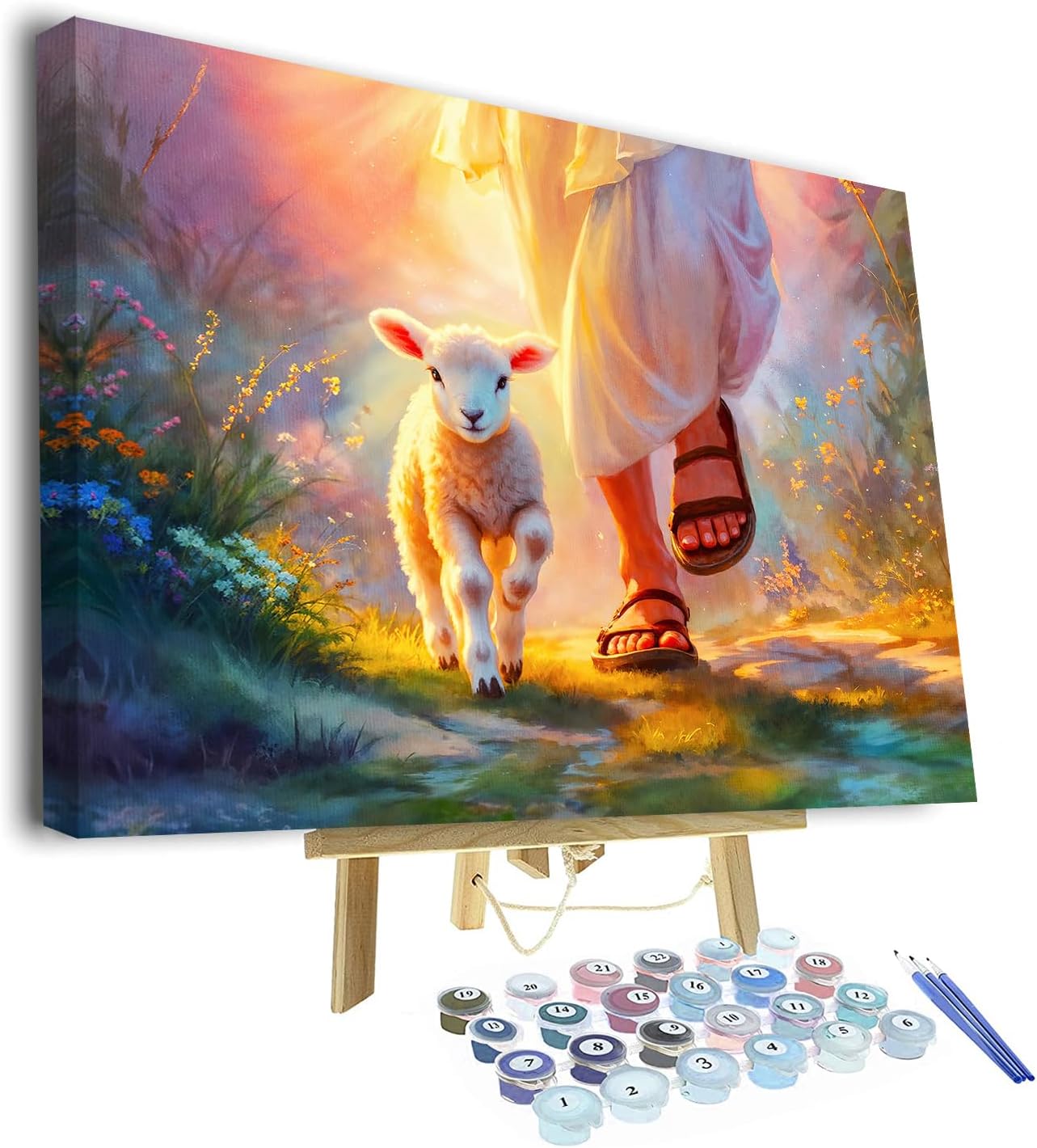 TUMOVO DIY Paint by Numbers for Adults Art Religious Christianity Adults' Paint by Number Kits Lamb Walking with Jesus Art Oil Hand Painting Paint Kits Art Crafts for Home Framed 16x20 in