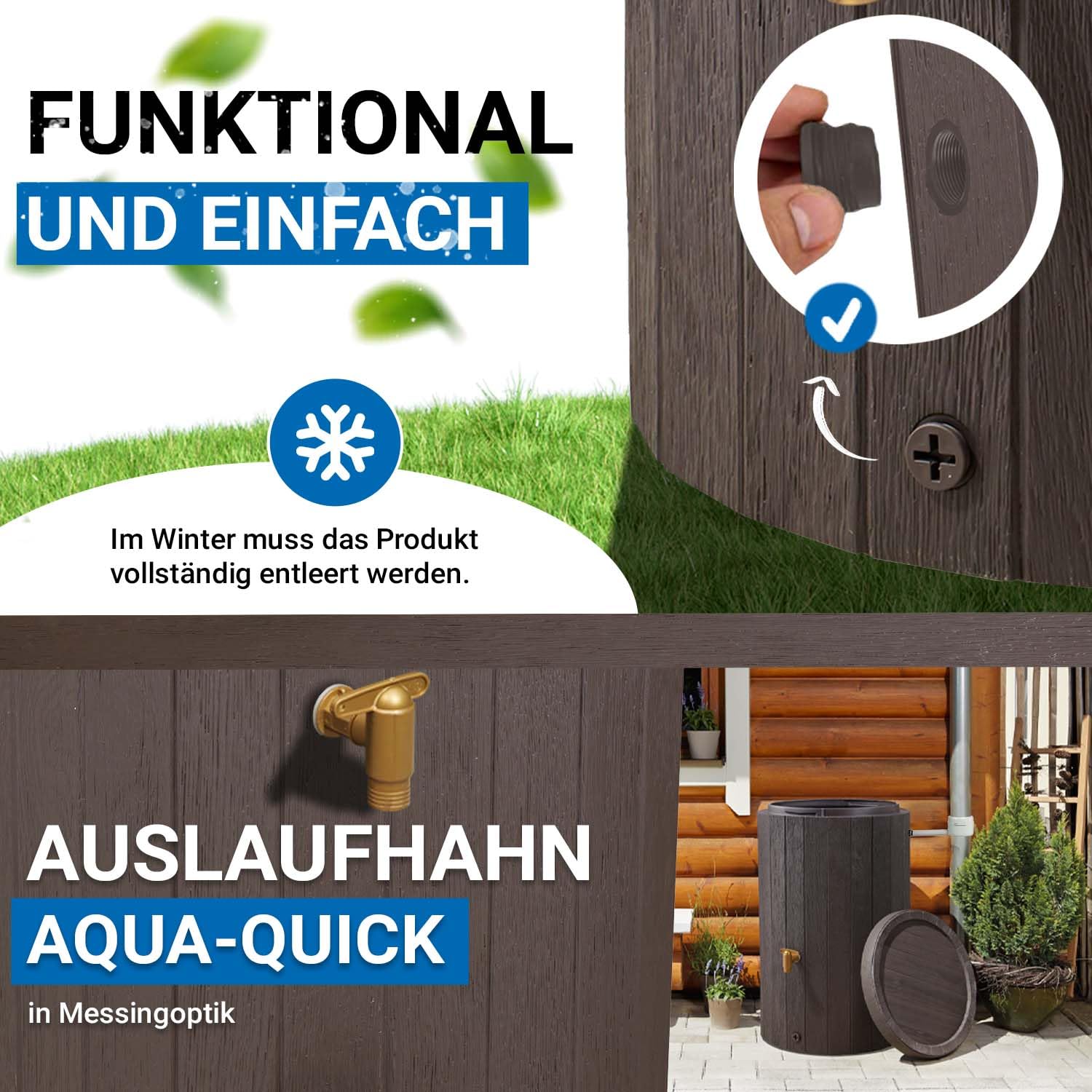 4rain Madera Regentonne Komplett-Set 220 Liter braun | inkl. Kunststoff-Auslaufhahn und Fallrohranschluss in Holzoptik mit sicherem Deckel für nachhaltige Gartenbewässerung daheim