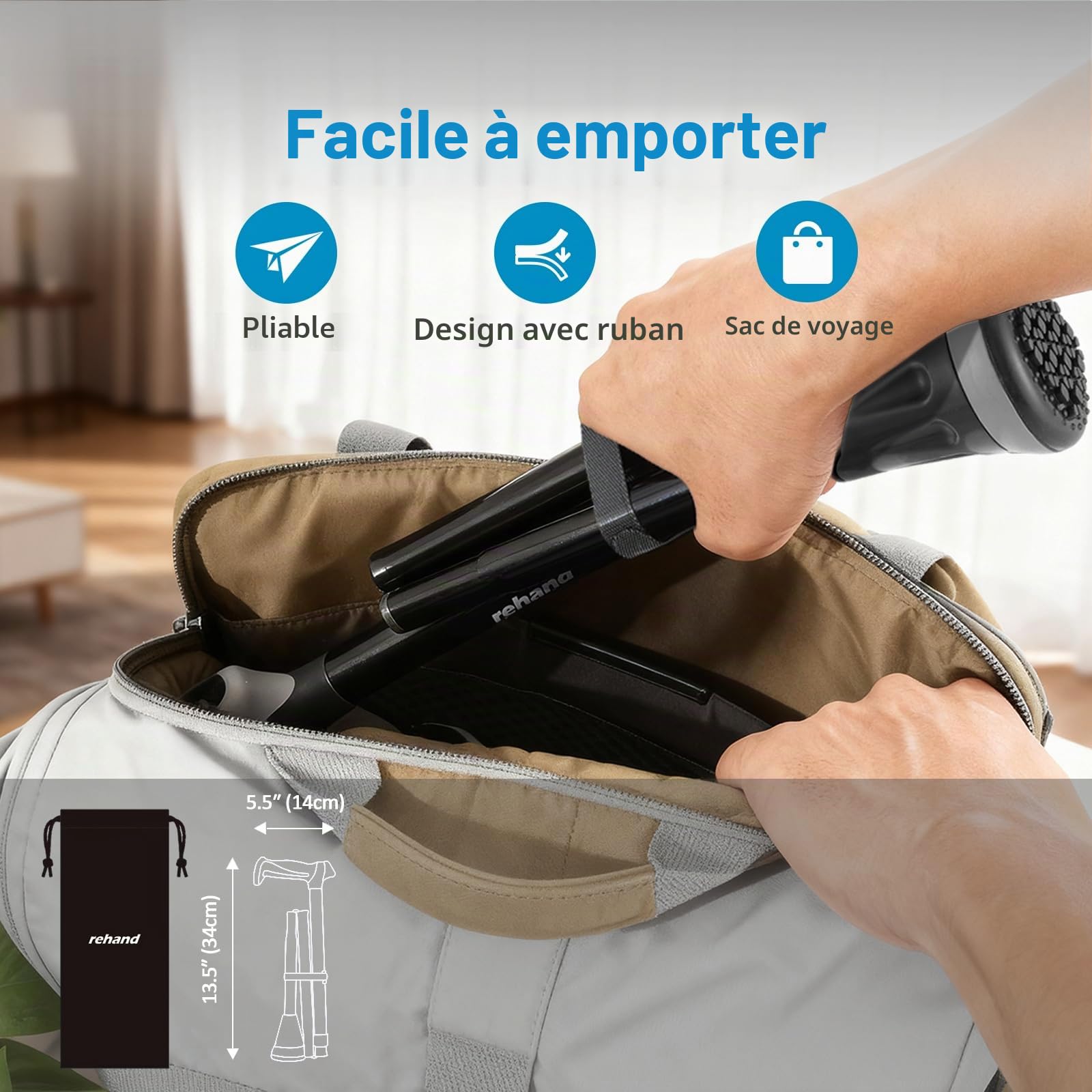Rehand Canne de Marche Pliable Tout-Terrain, Canne de Marche pour Femme et Homme, Pointe Pivotante et Aide à la Mobilité Robuste, Bâton de Marche Réglable pour Les Personnes âgées et Les Dames