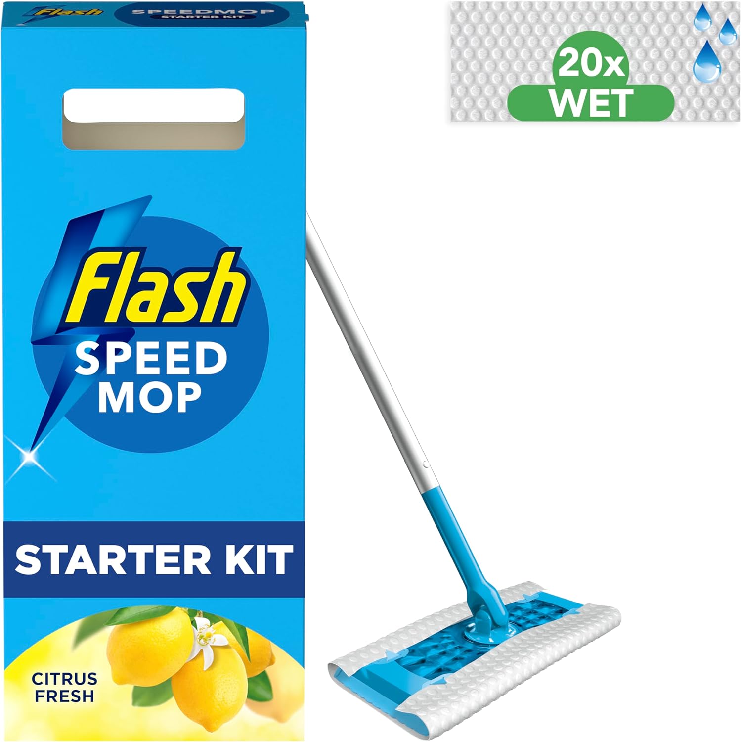 Flash Speedmop Wet Mop Floor Cleaner Starter Kit for Cleaning Floors, Includes: 1 Mop, 20 Wet Refills