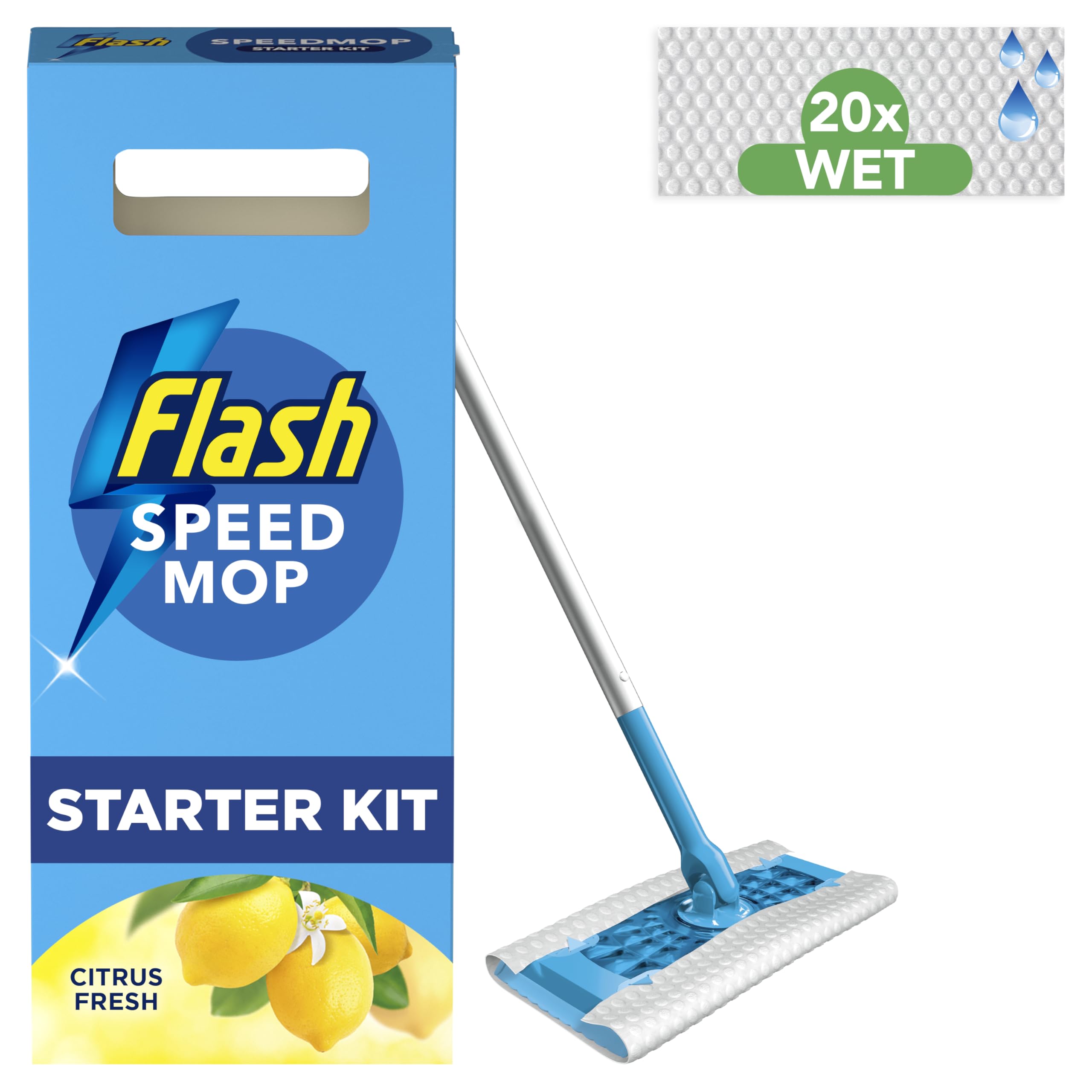 Flash Speedmop Wet Mop Floor Cleaner Starter Kit for Cleaning Floors, Includes: 1 Mop, 20 Wet Refills