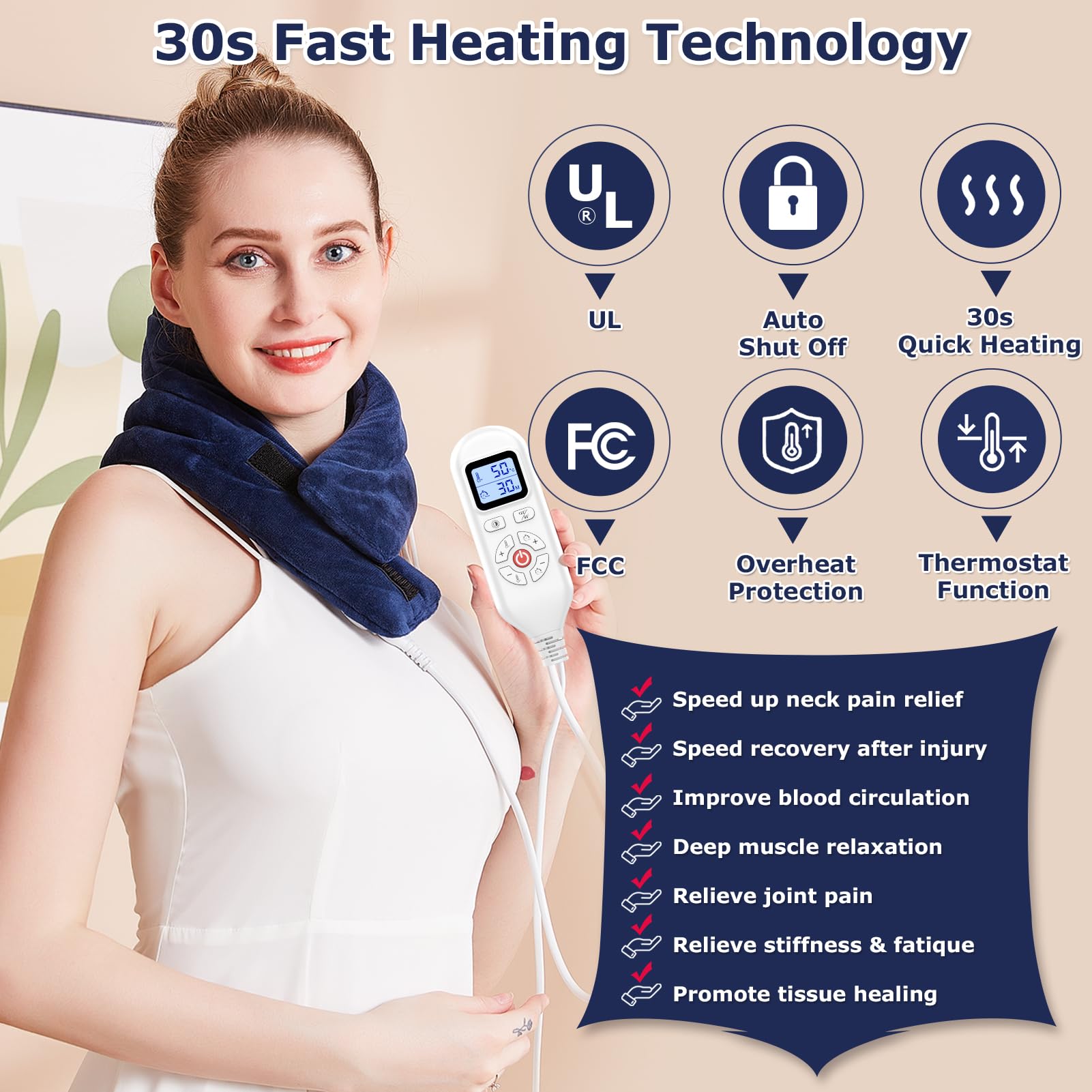 JOBYNA Termoforo Cervicale Elettrico, Termoterapia Scaldacollo Cuscino Cervicale Termico per Alleviare il Dolore, 5 secondi Riscaldamento Rapido, 30-70℃ e 10-90 minuti Regolabile