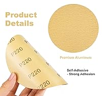 Vista 3 de Papel de lija PSA dorado de 6 pulgadas, 100 unidades de discos de lija de grano 220, rollo de papel de lija autoadhesivo con parte trasera adhesiva