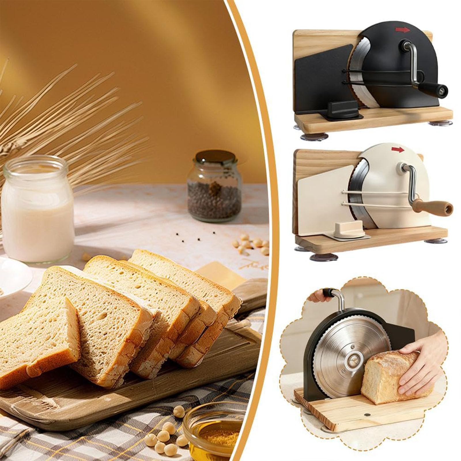Cortador de pan manual con grosor ajustable, manivela de acero inoxidable, base de madera maciza, ventosas antideslizantes para masa madre, tostadas y pastelería