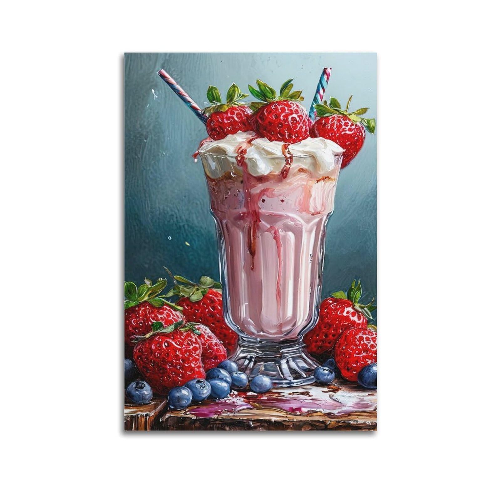 XKUGA Food Poster Retro Strawberry Dessert Milkshake Modern Decorative Canvas Prints - Ideal Wall Art for Family, Man Cave, Game Room, Boys & Girls Bedroom 24x36inch(60x90cm)