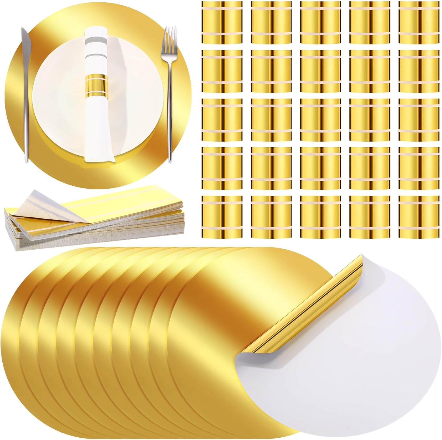 200 Pcs Disposable Paper Placemats and Napkin Rings Bulk Rustic Round Charger Place Mat Farmhouse Braided Rattan Tablemats for Summer Country Wedding Dinner Birthday Party (Metal)