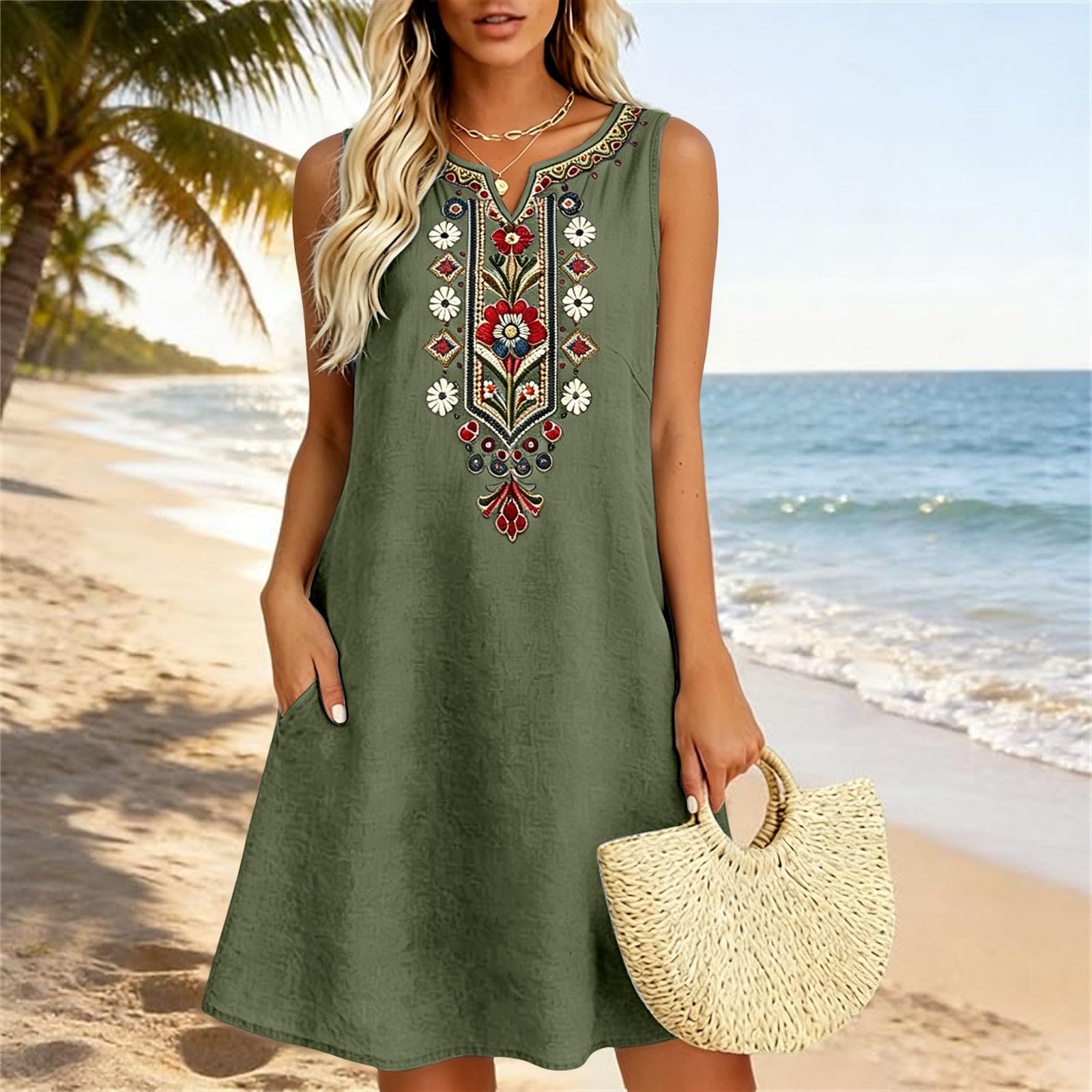 Vestidos de verano aireados Midi Vestido Bohemio Elegante Vestido de Verano Suelto Cuello Redondo Vestido Midi Vestido de Flores Sencillo Vestido de Playa Vestido de Playa Ligero Y Aireado