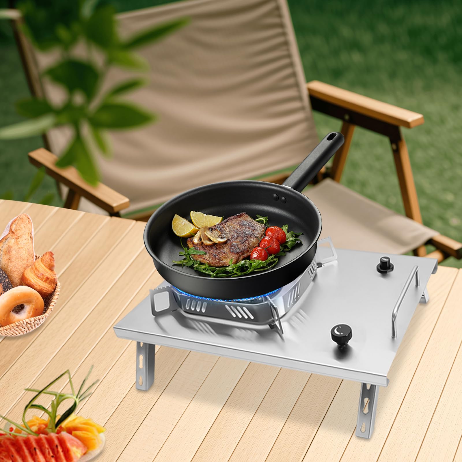 Hornillo de camping de gas plegable de 2600 W, hornillo de gas portátil con encendido piezoeléctrico, resistente al viento, quemador ajustable, incluye bolsa portátil para pícnic al aire libre,