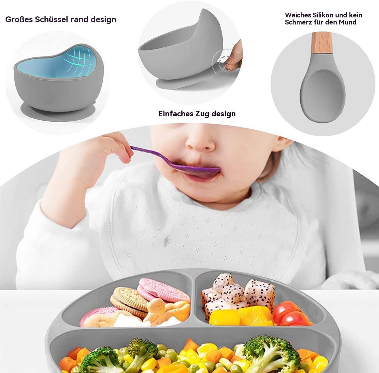 Eliano Set di 6 stoviglie in silicone per bambini – senza BPA – piatto e ciotola antiscivolo, bavaglino, tazza per imparare a bere con cannuccia e posate – set per lo svezzamento guidato dal bambino