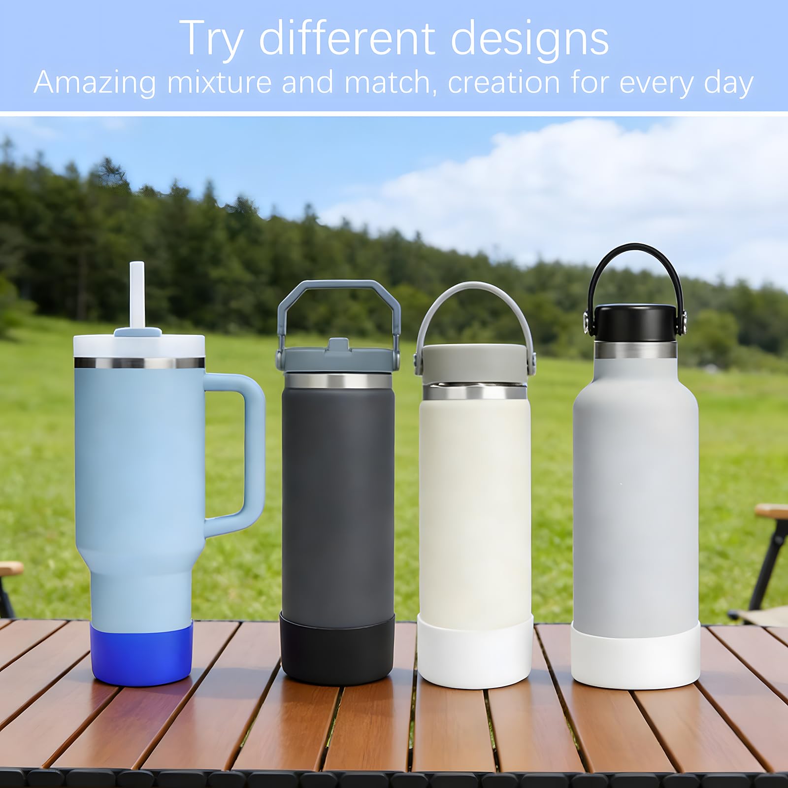 Zestaw 6 silikonowych mankietów ochronnych do kubków Stanley, silikonowych miseczek, ochrona podłogi, Quencher Adventure 40oz, IceFlow 20oz, Hydro Flask 30oz (biały, czarny, niebieski)