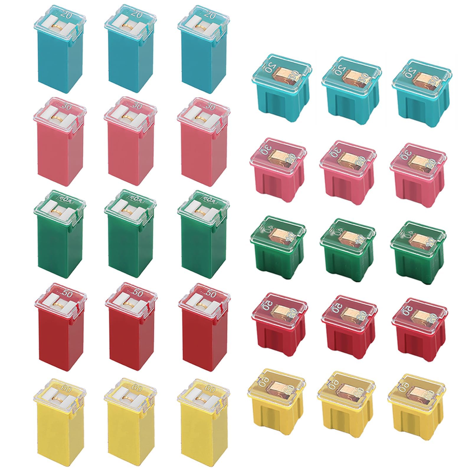 30PCS Automotive Tall/Standard and Low Profile Box Shaped Fuses Assortment Kit, Car Fuse Assortment Kit (20A, 30A, 40A, 50A, 60A), Suitable for Chevrolet, Ford, Nissan Pickup SUV and Other Car Fuses