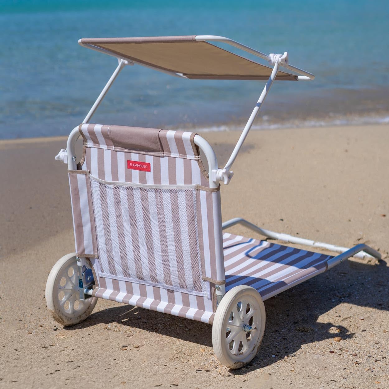 Flamingueo - Pack 2 Sillas Playa - Tumbona Plegable - 5 Posiciones - Parasol Ajustable UPF 50+ - Almohada Ergonómica - Convertible en Carrito de Transporte